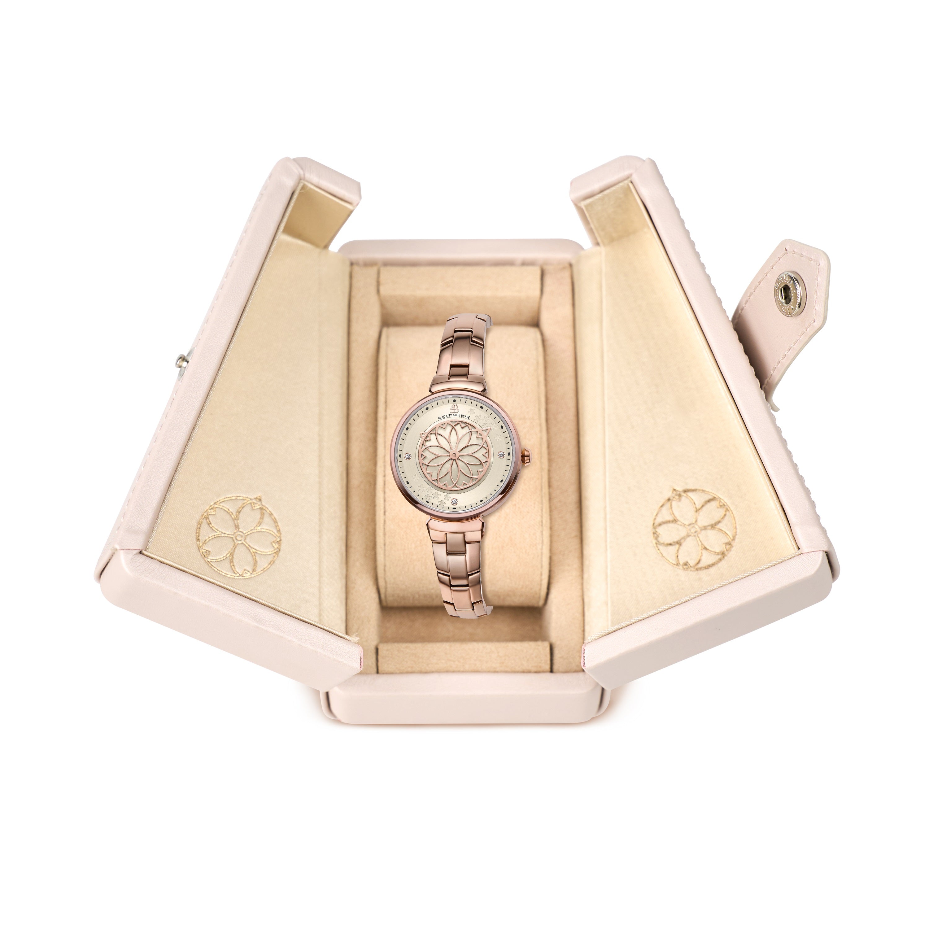 Cherry Blossom 32mm Champagne Mother Of Pearl Dial Sakura Petal Hand Rose Gold Bracelet Watch - 4B1208 - packaging - Black By Blue Brave