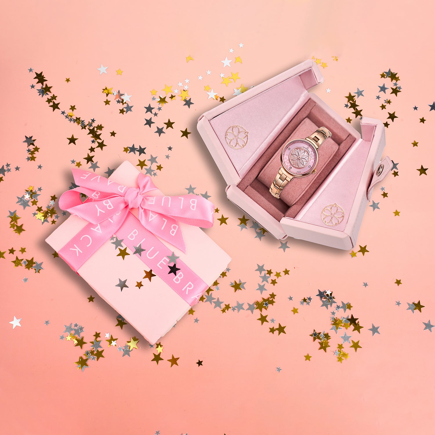 Cherry Blossom 32mm Pink Mother Of Pearl Dial Genuine Diamonds Sakura Petal Hand Rose Gold Bracelet Watch - 4B1210 - Gift Box - Black By Blue Brave
