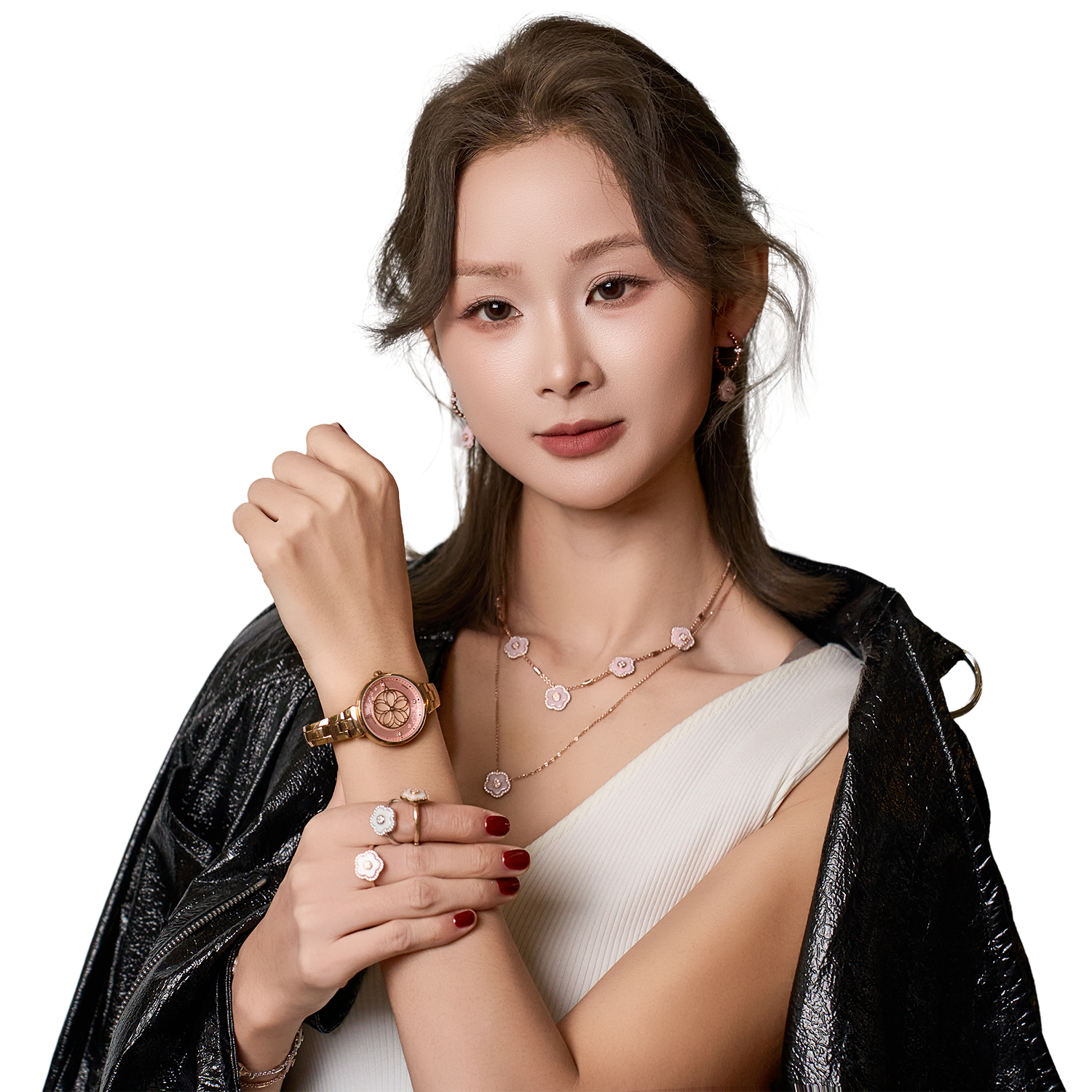 Cherry Blossom 32mm Pink Mother Of Pearl Dial Genuine Diamonds Sakura Petal Hand Rose Gold Bracelet Watch - 4B1210 - Model wearing - Black By Blue Brave