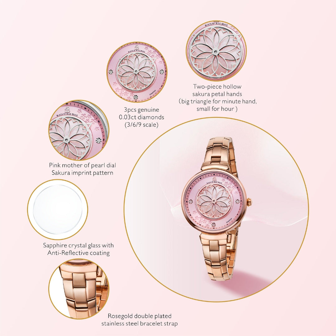 Cherry Blossom 32mm Pink Mother Of Pearl Dial Genuine Diamonds Sakura Petal Hand Rose Gold Bracelet Watch - 4B1210 - Selling point map - Black By Blue Brave