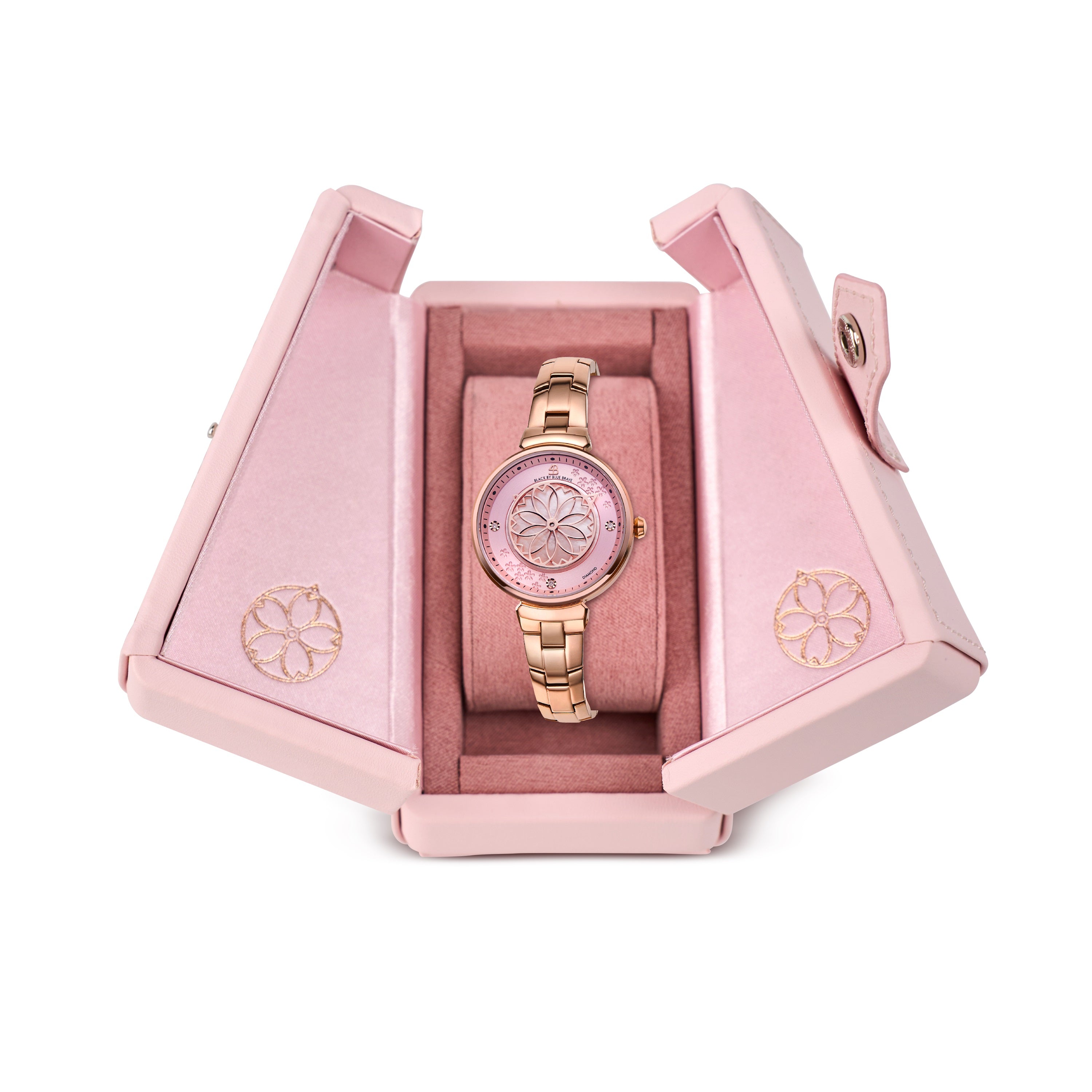 Cherry Blossom 32mm Pink Mother Of Pearl Dial Genuine Diamonds Sakura Petal Hand Rose Gold Bracelet Watch - 4B1210 - packaging - Black By Blue Brave
