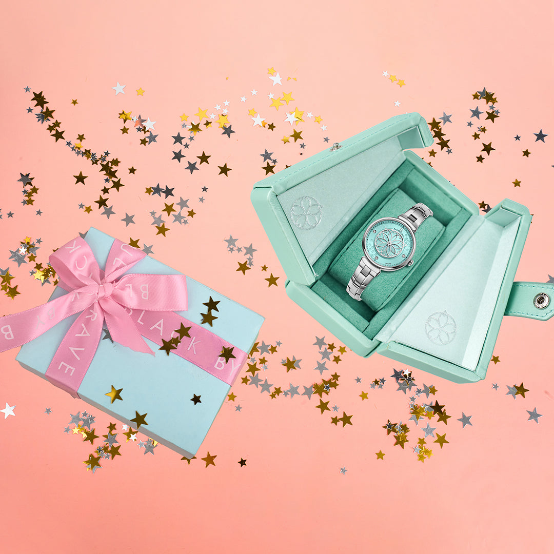 Cherry Blossom 32mm Blue Mother Of Pearl Dial Genuine Diamonds Sakura Petal Hand Silver Bracelet Watch - 4B1211 - Gift Box - Black By Blue Brave