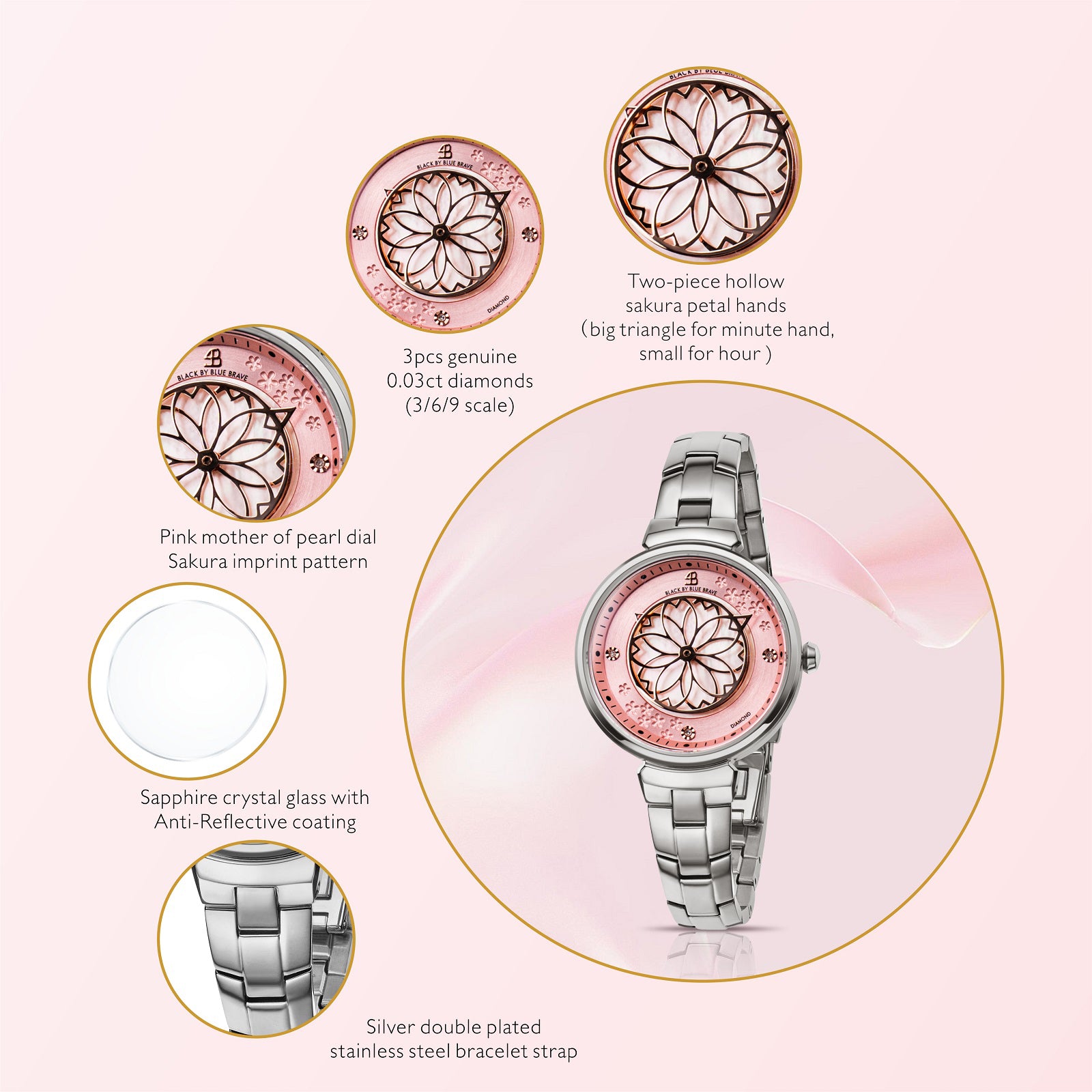 Cherry Blossom Watch | Sakura Petal Hand Silver Bracelet Watch | 4B