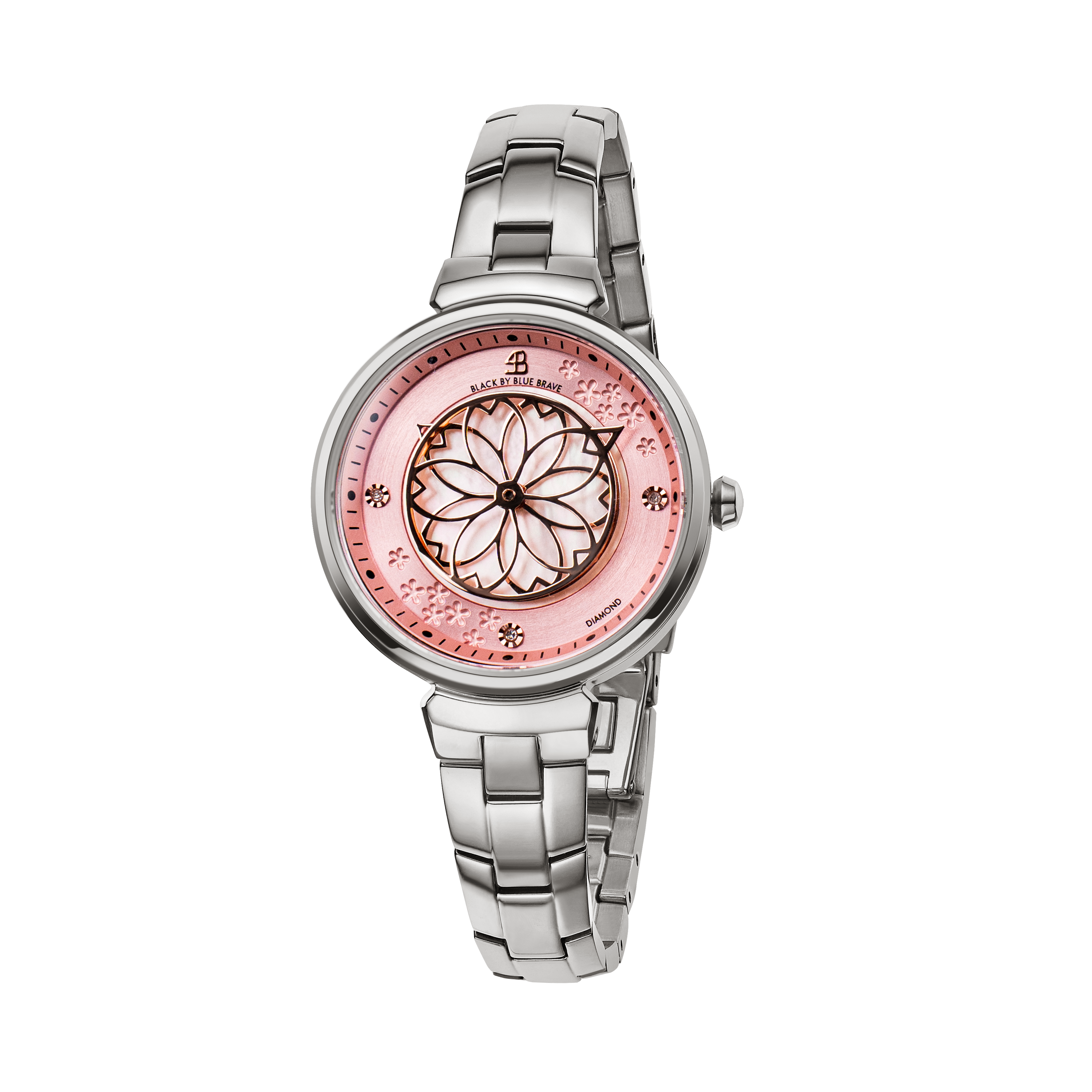 Cherry Blossom 32mm Pink Mother Of Pearl Dial Genuine Diamonds Sakura Petal Hand Silver Bracelet Watch - 4B1212 - front - Black By Blue Brave