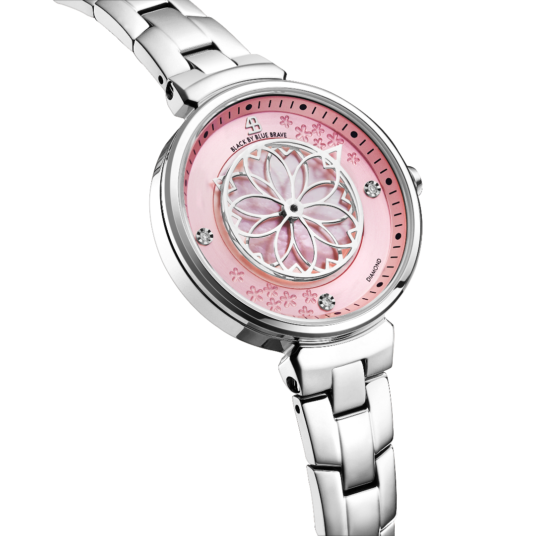 Cherry Blossom 32mm Pink Mother Of Pearl Dial Genuine Diamonds Sakura Petal Hand Silver Bracelet Watch - 4B1212 - side view - Black By Blue Brave