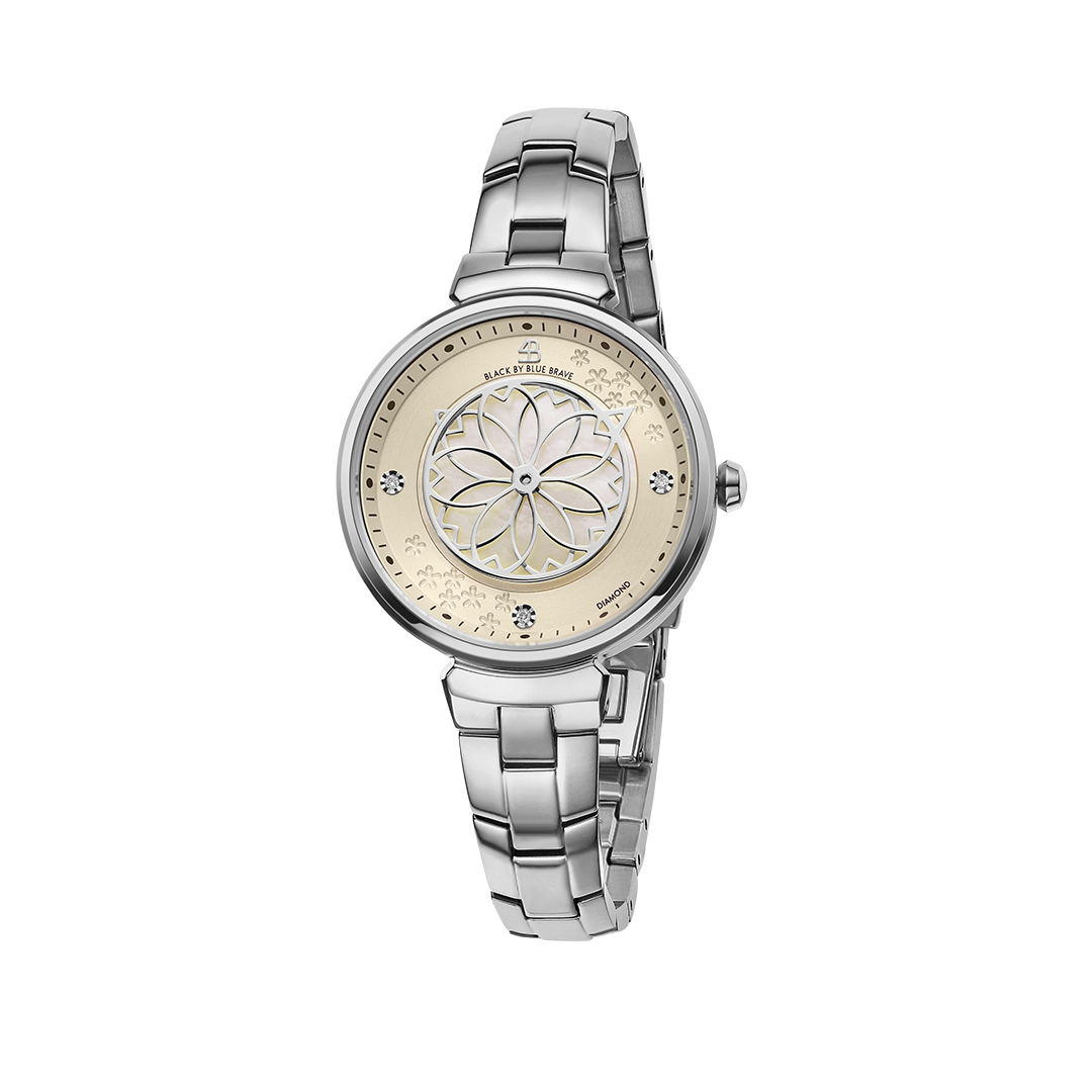 Cherry Blossom 32mm Champagne Mother Of Pearl Dial Genuine Diamonds Sakura Petal Hand Silver Bracelet Watch - 4B1213 - front - Black By Blue Brave