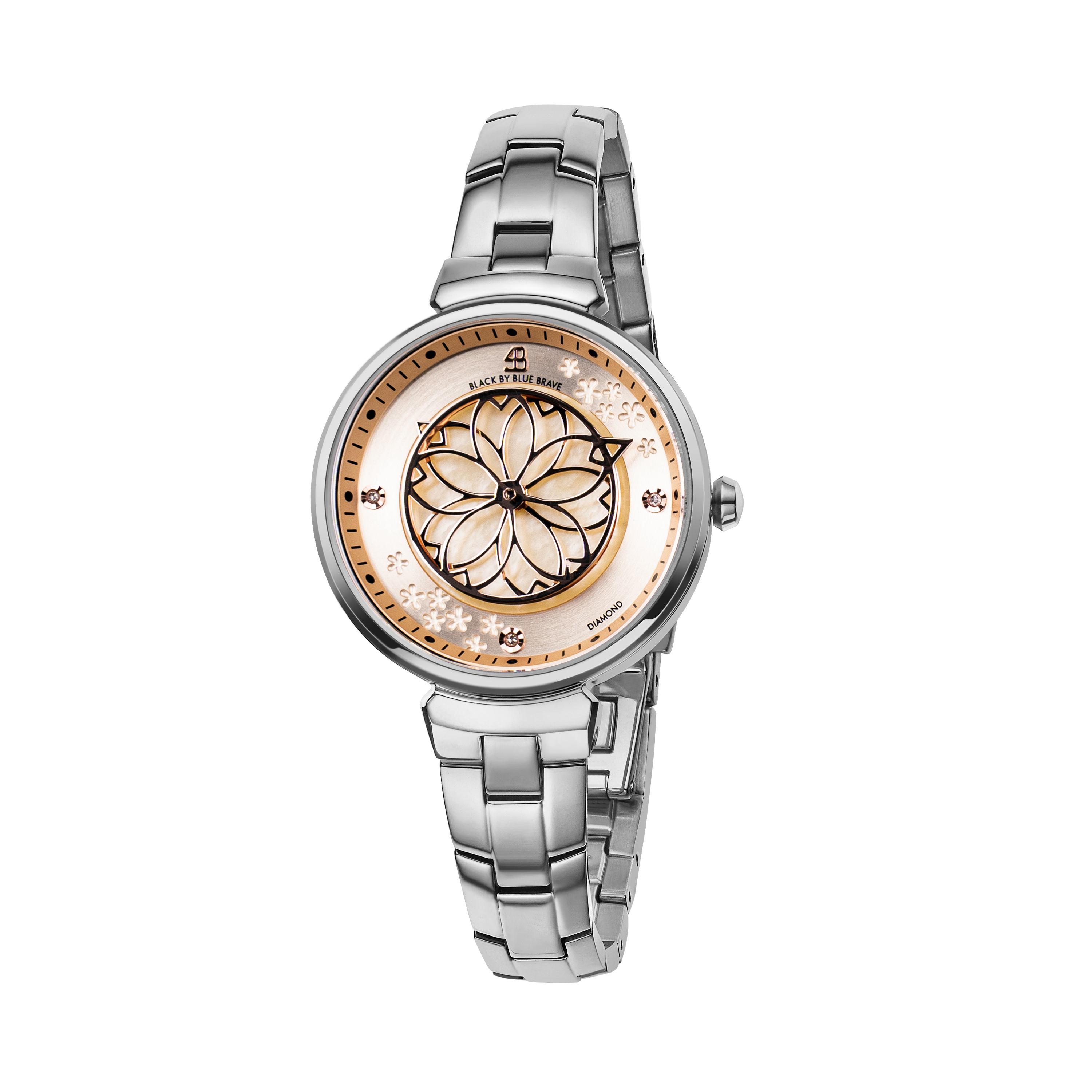 Cherry Blossom 32mm Champagne Mother Of Pearl Dial Genuine Diamonds Sakura Petal Hand Silver Bracelet Watch - 4B1213 - front - Black By Blue Brave