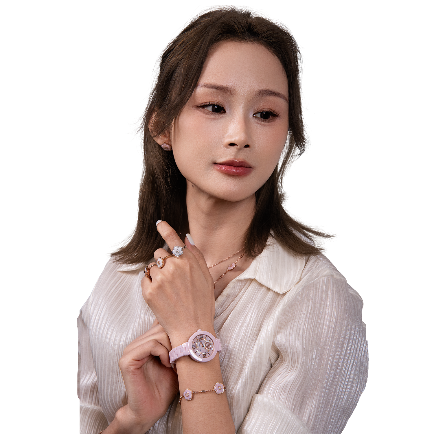 Cherry Blossom 34mm Pink Mother Of Pearl Dial Roma Numeral Ceramic Watch - 4B1231 - Model wearing - Black By Blue Brave