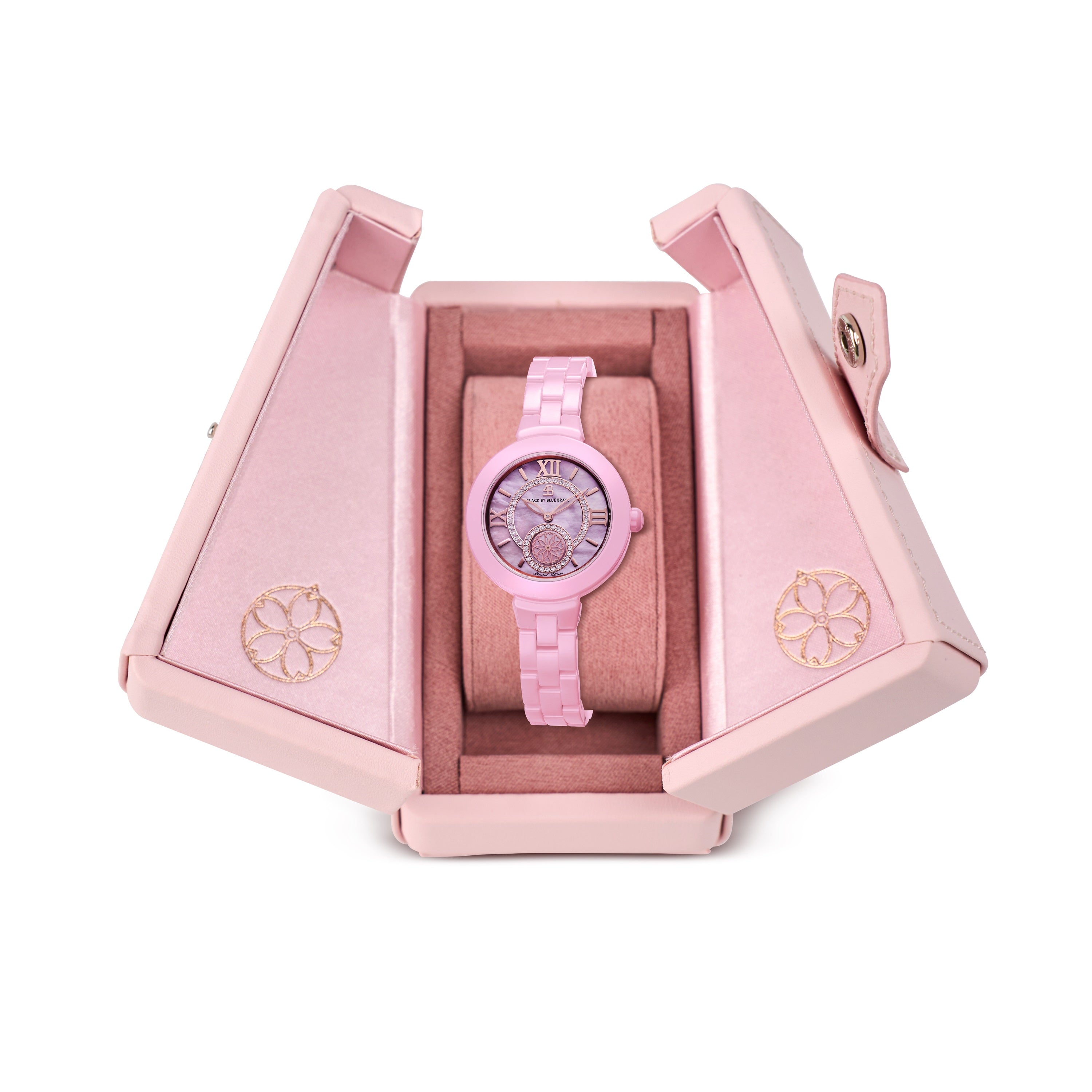 Cherry Blossom 34mm Pink Mother Of Pearl Dial Roma Numeral Ceramic Watch - 4B1231 - packing - Black By Blue Brave
