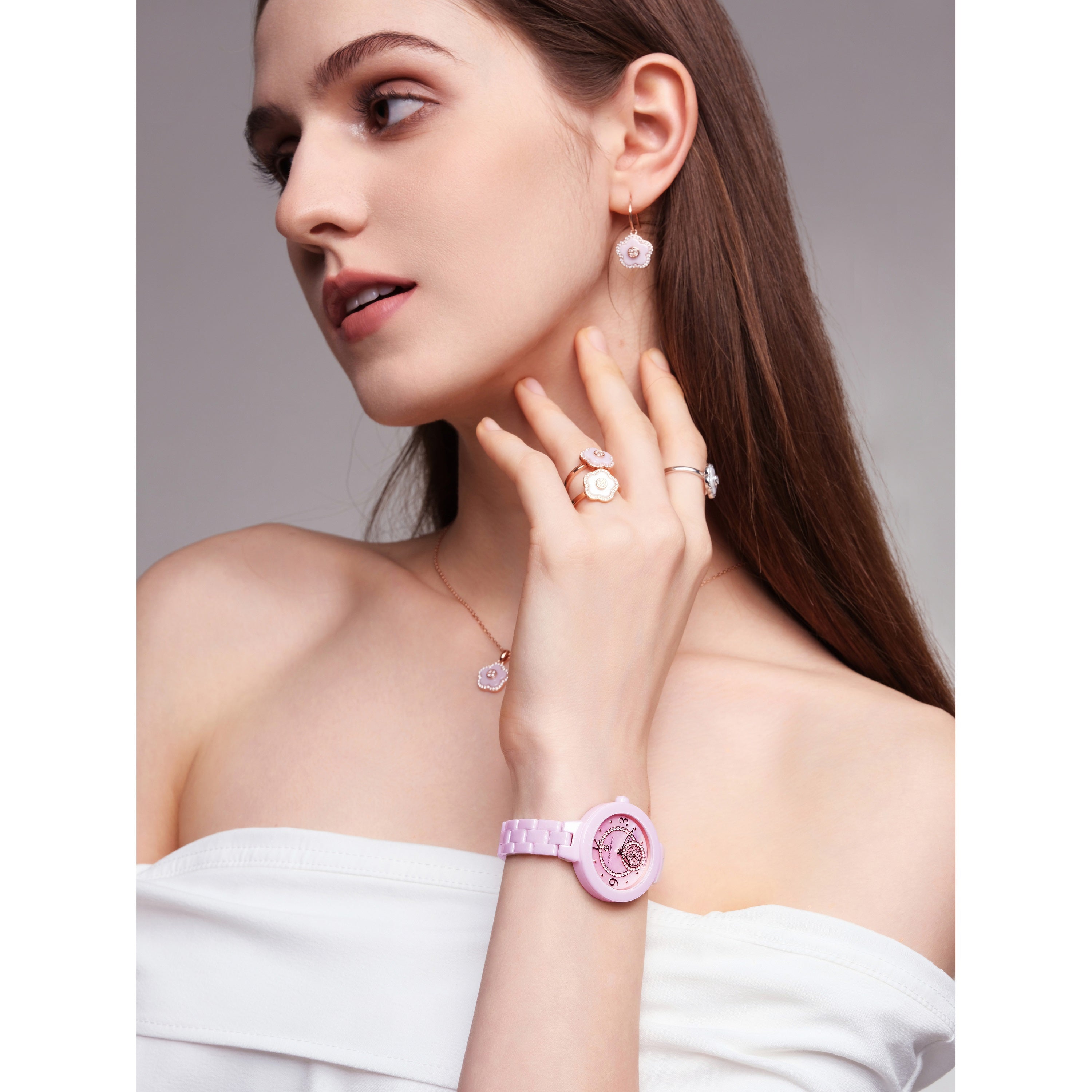 Cherry Blossom 34mm Pink Mother Of Pearl Dial Arabic Numeral Ceramic Watch - 4B1232 - Model wearing - Black By Blue Brave
