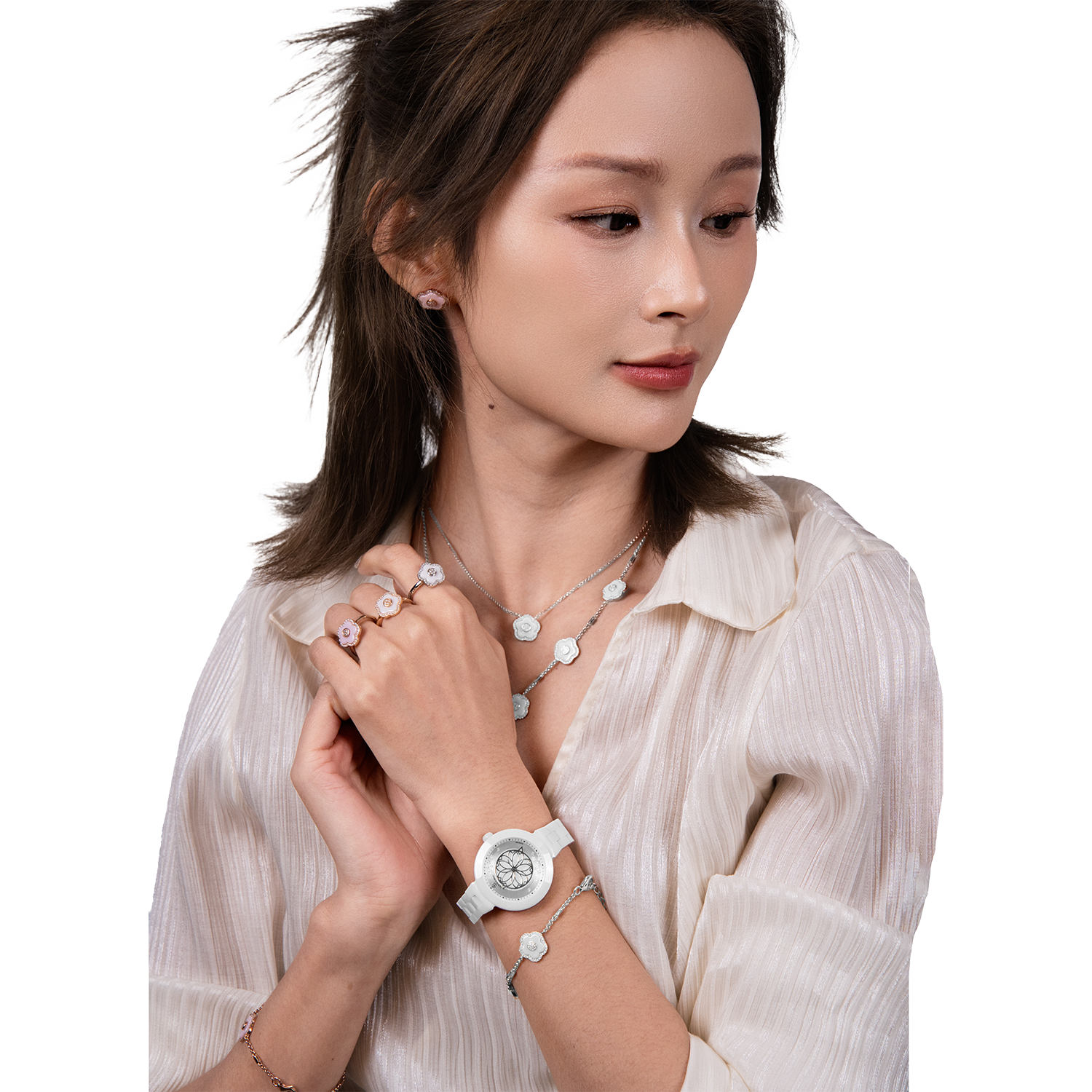 Cherry Blossom Pink Mother Of Pearl Dial Genuine Diamonds Sakura Petal Hand Leather Strap Watch - 4B1236 - Model wearing - Black By Blue Brave