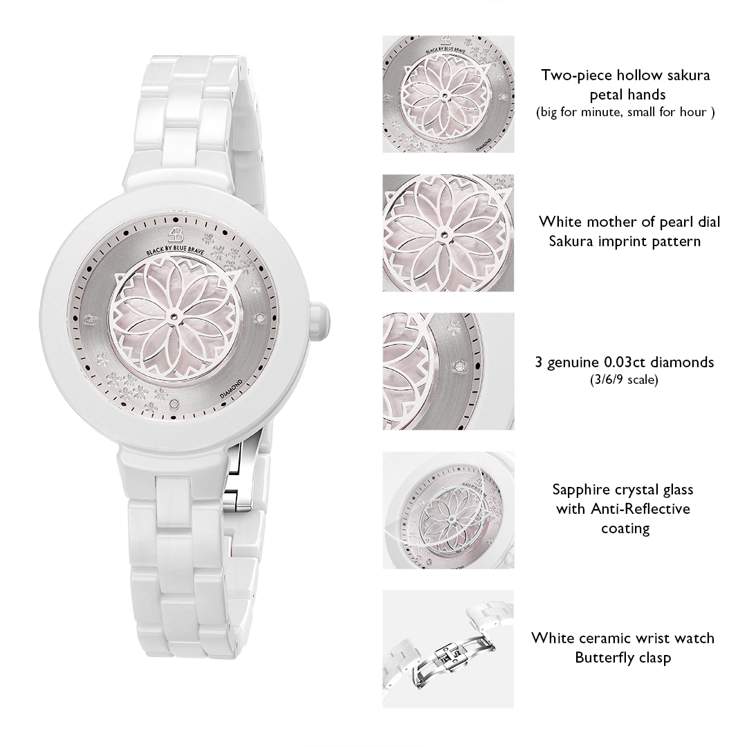 Cherry Blossom Pink Mother Of Pearl Dial Genuine Diamonds Sakura Petal Hand Leather Strap Watch - 4B1236 - Selling point map - Black By Blue Brave