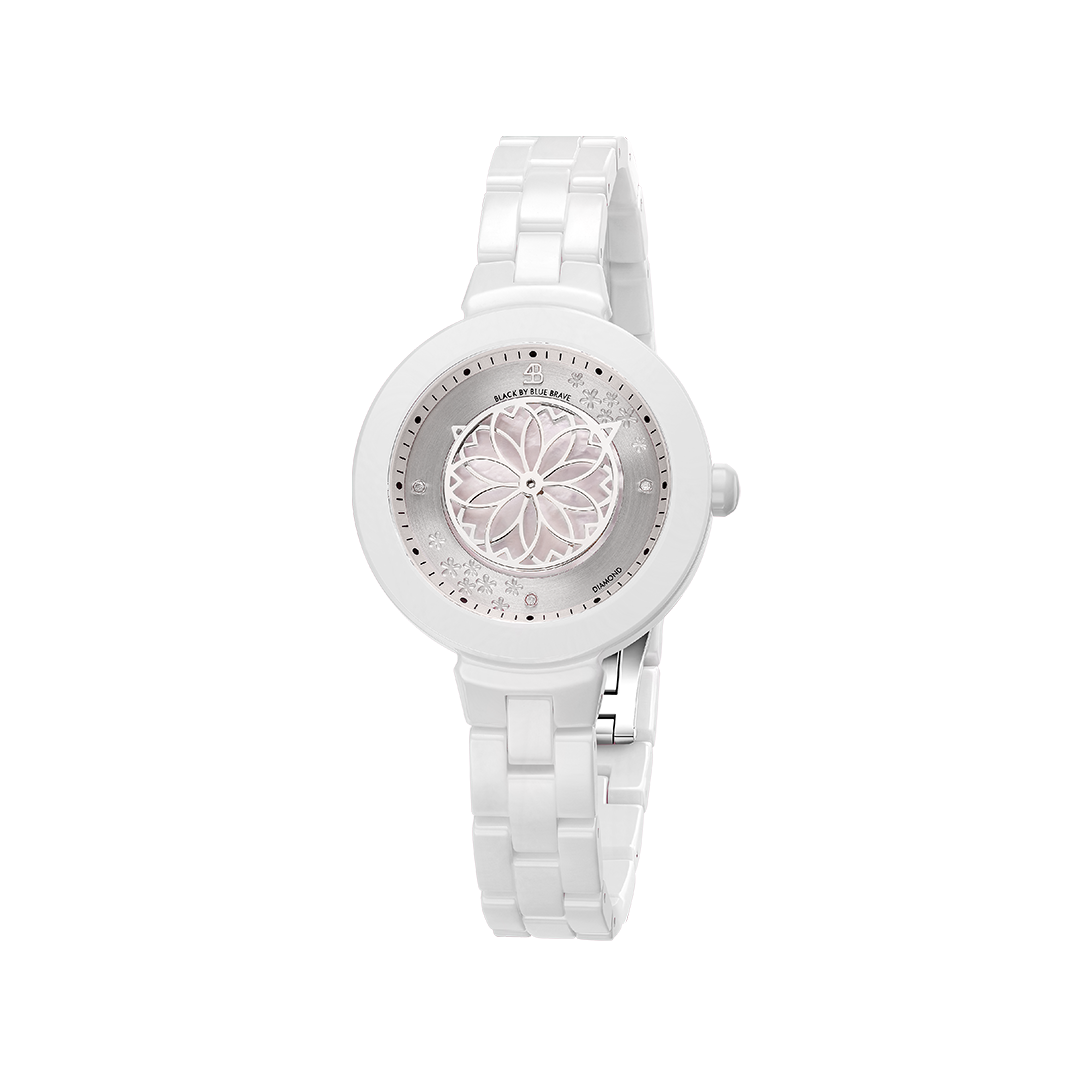 Cherry Blossom Pink Mother Of Pearl Dial Genuine Diamonds Sakura Petal Hand Leather Strap Watch - 4B1236 - front - Black By Blue Brave