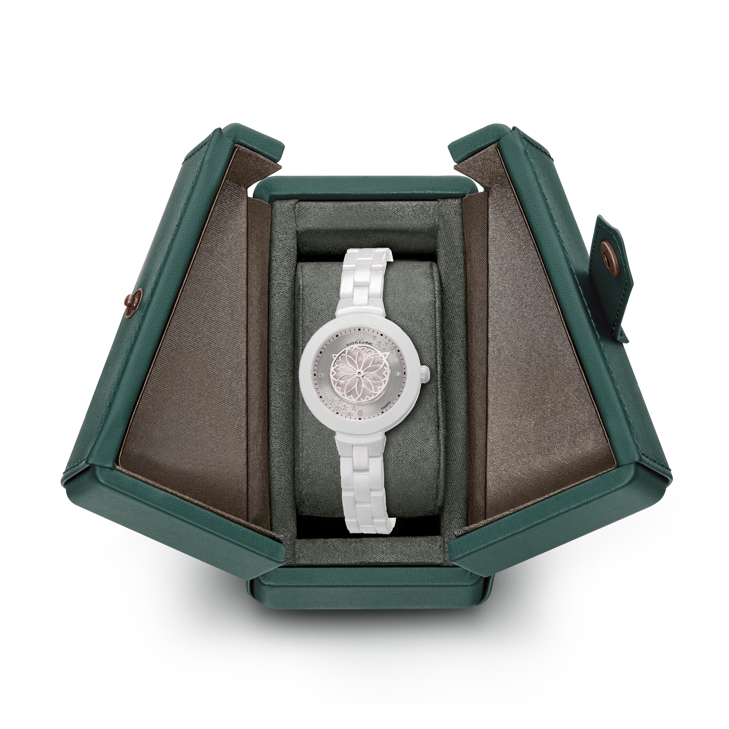 Cherry Blossom Pink Mother Of Pearl Dial Genuine Diamonds Sakura Petal Hand Leather Strap Watch - 4B1236 - packaging - Black By Blue Brave