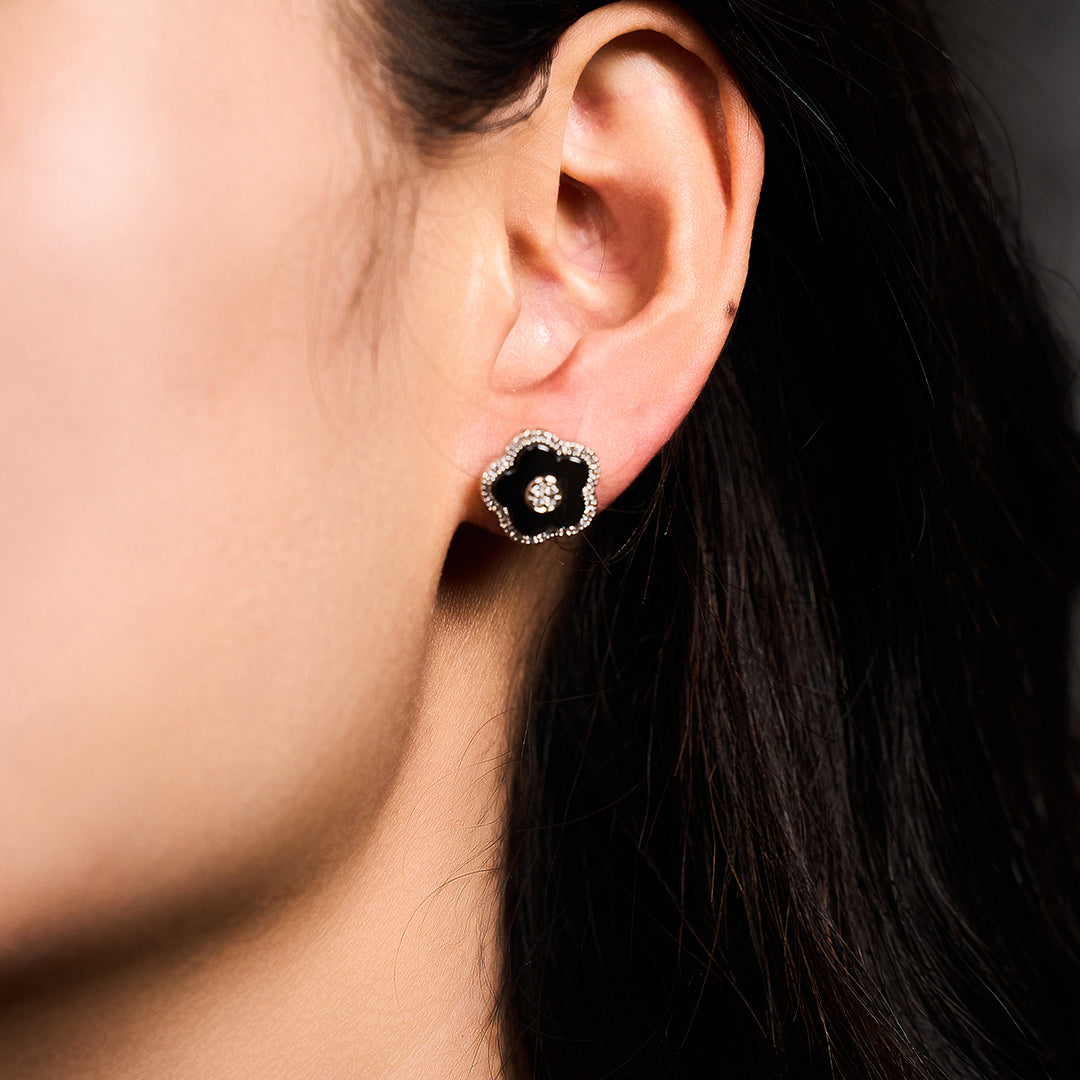 Cherry Blossom Ceramic Black Ceramic Flowers Silver Stud Earrings Silver Platinum Plated - 4B4325 - wear  - Black By Blue Brave
