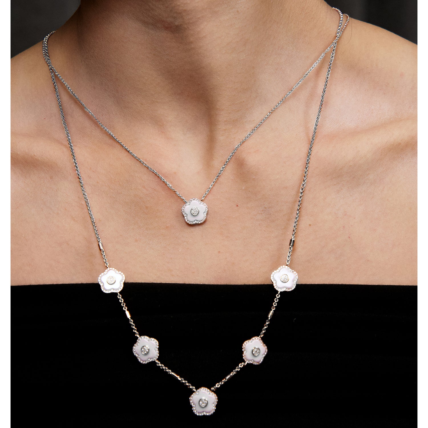 Cherry Blossom Ceramic White Ceramic Flower Silver Adjustable Necklace Silver Platinum Plated - 4B4311 - wear  - Black By Blue Brave
