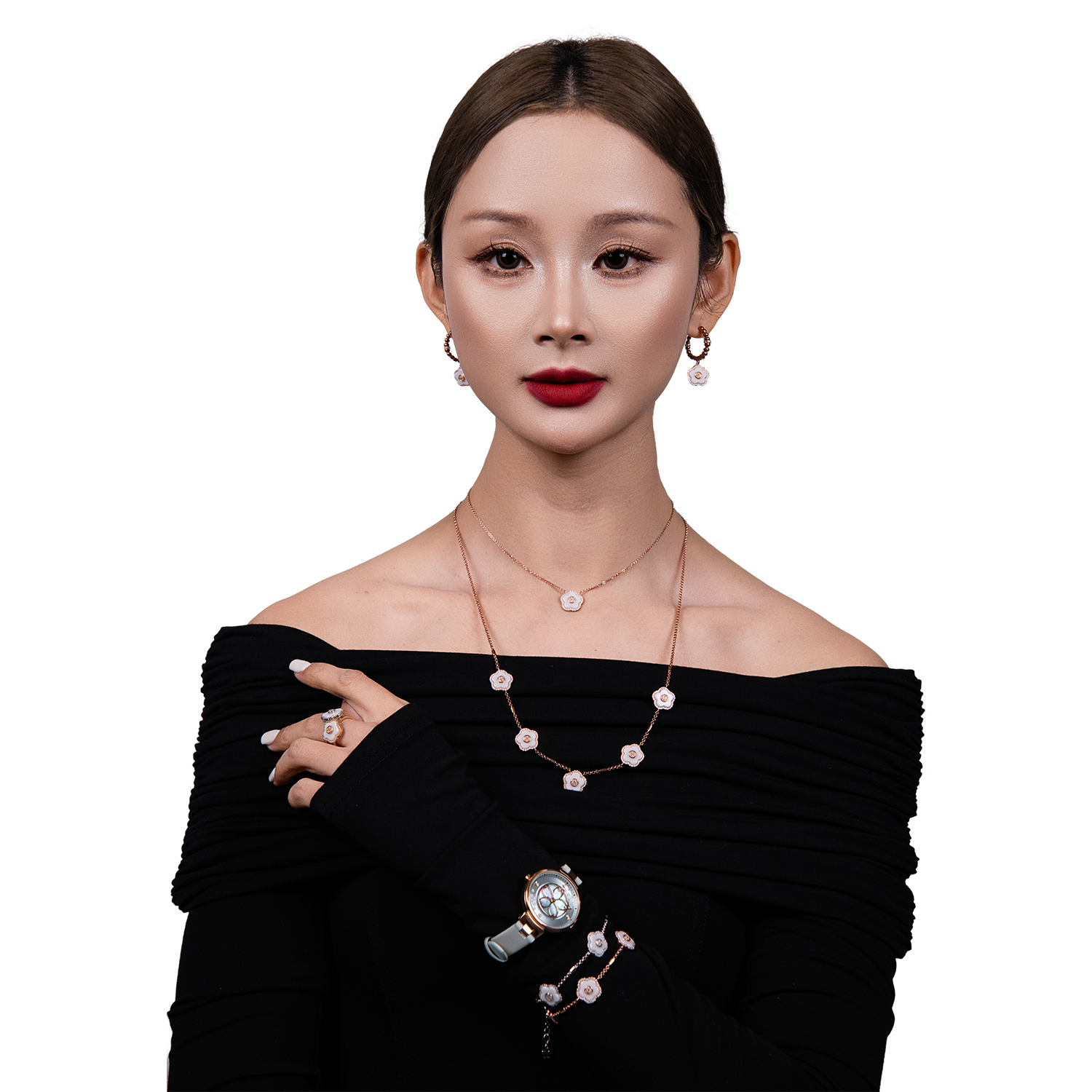 Cherry Blossom Ceramic White Ceramic Flower Rose Gold Adjustable Necklace 18K Rose Gold Plated - 4B4312 - Model wearing - Black By Blue Brave
