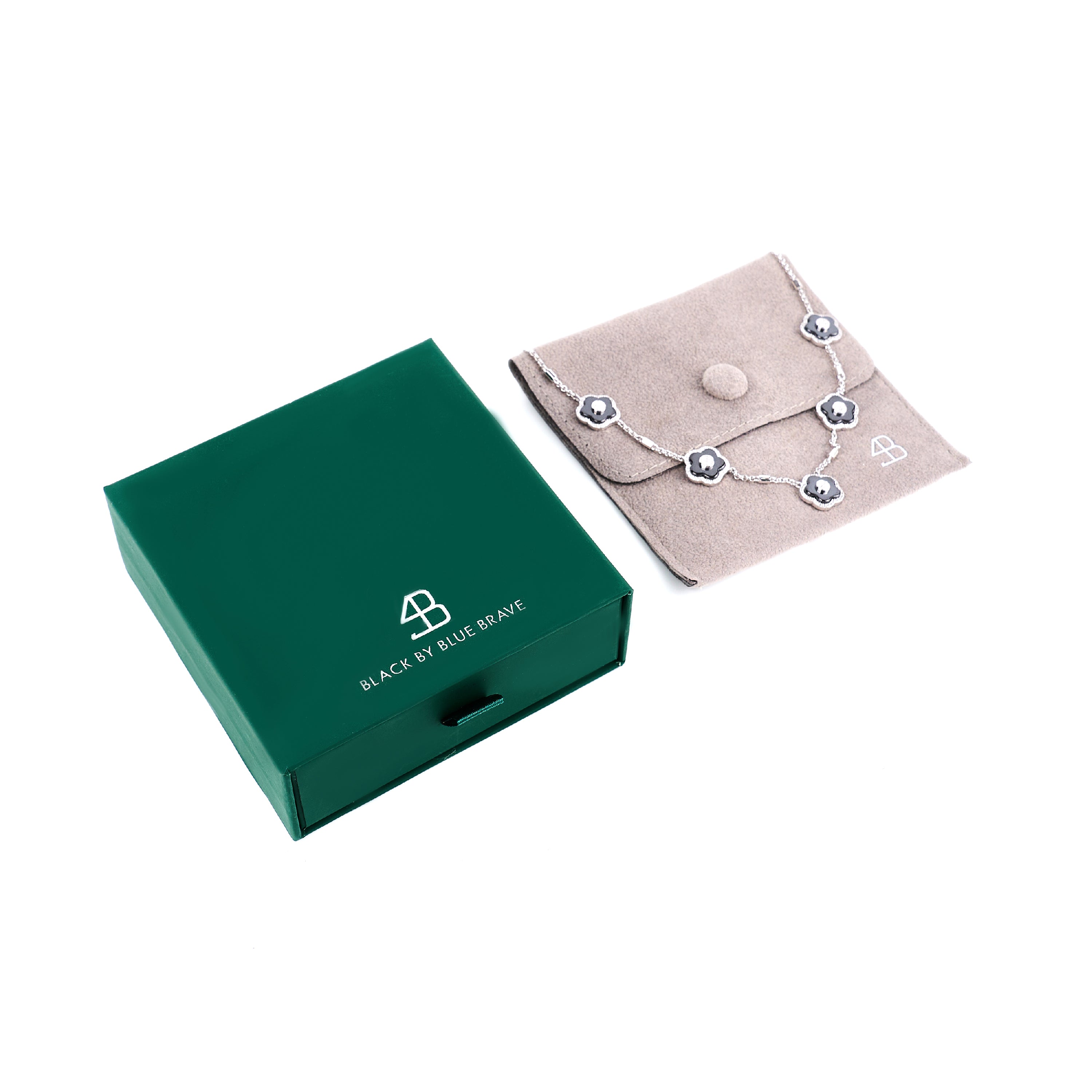 Cherry Blossom Ceramic Five Black Ceramic Flowers Silver Adjustable Necklace Silver Platinum Plated - 4B4317 - Gift Box - Black By Blue Brave
