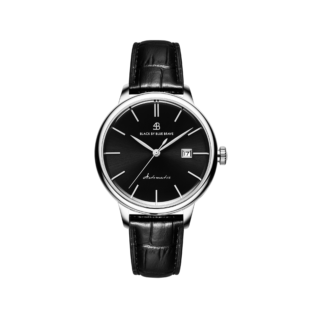 Classic 1986 42mm Black Dial Domed Sapphire Glass Leather Strap Automatic Watch - 4B2203 - front - Black By Blue Brave