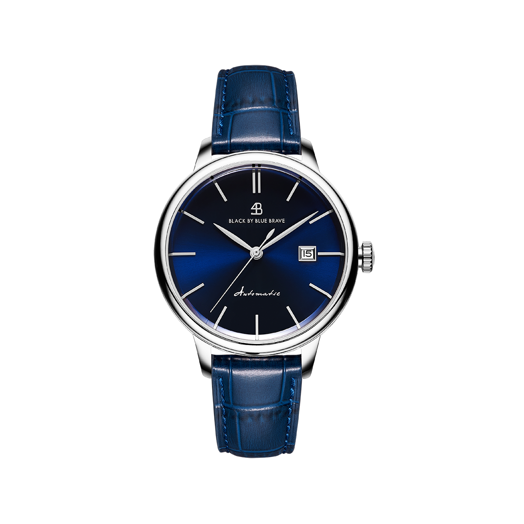 Classic 1986 42mm Blue Dial Domed Sapphire Glass Leather Strap Automatic Watch - 4B2204 - front - Black By Blue Brave
