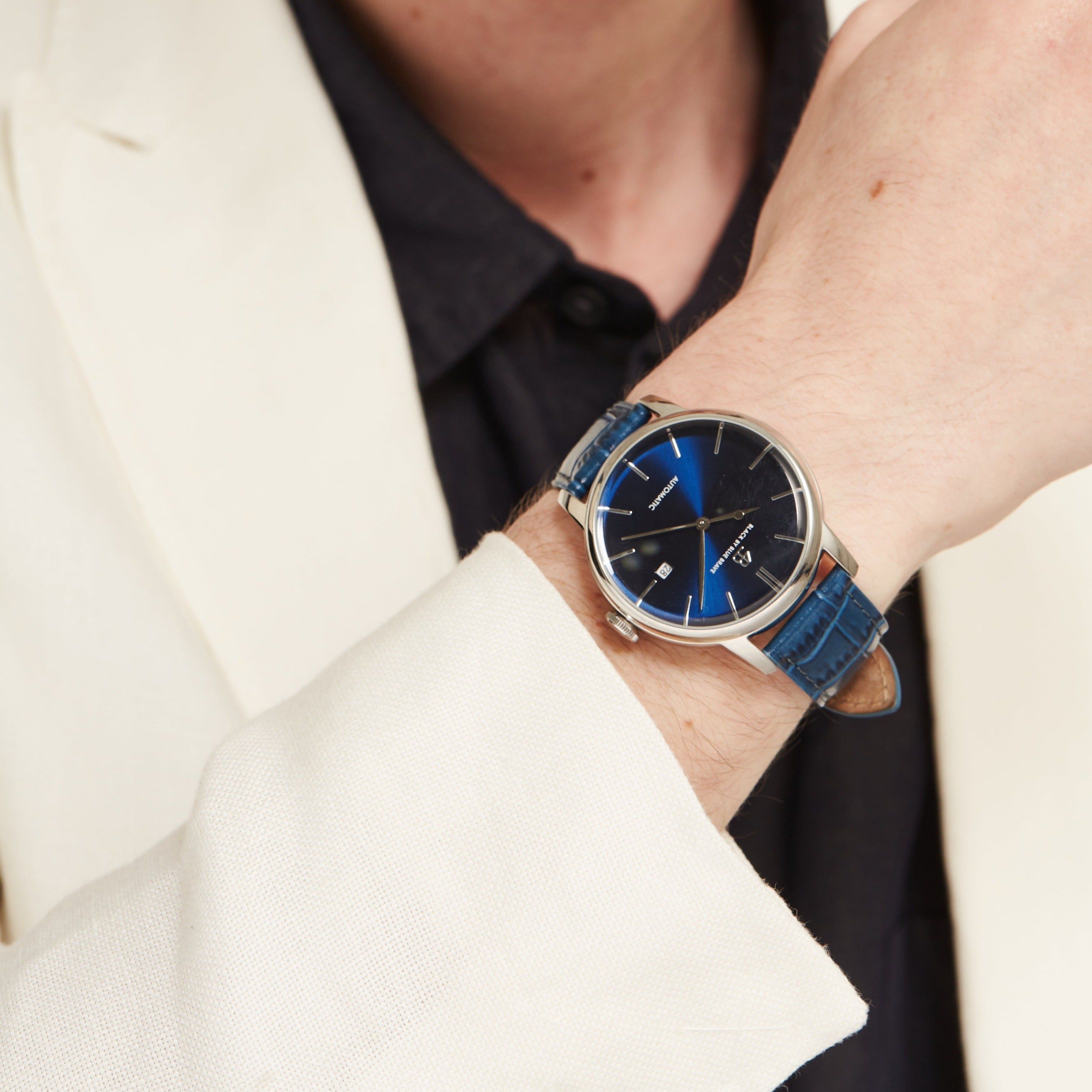 Classic 1986 42mm Blue Dial Domed Sapphire Glass Leather Strap Automatic Watch - 4B2204 - wrist - Black By Blue Brave