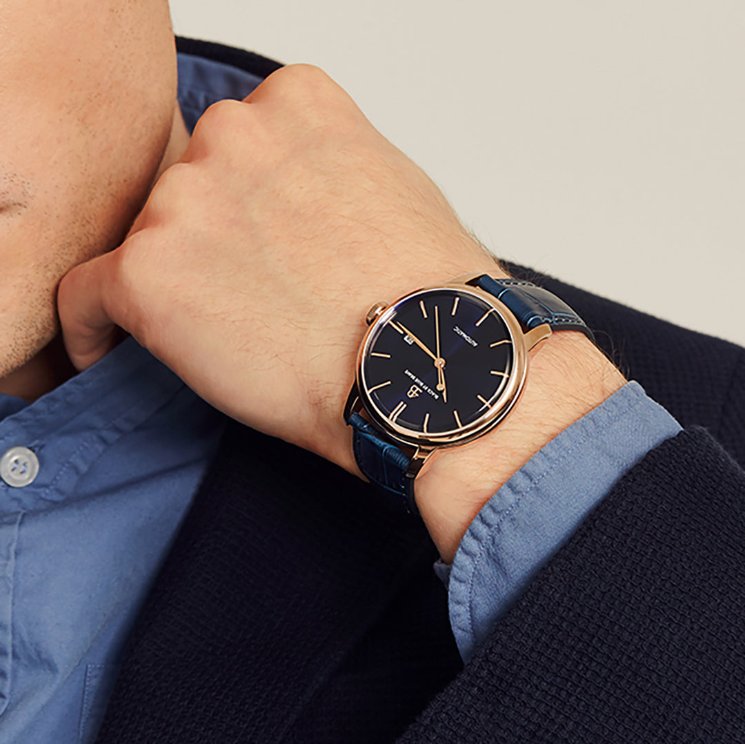 Classic 1986 42mm Blue Dial Rosegold Case Blue Leather Strap Watch - 4B2104A - Wear - Black By Blue Brave
