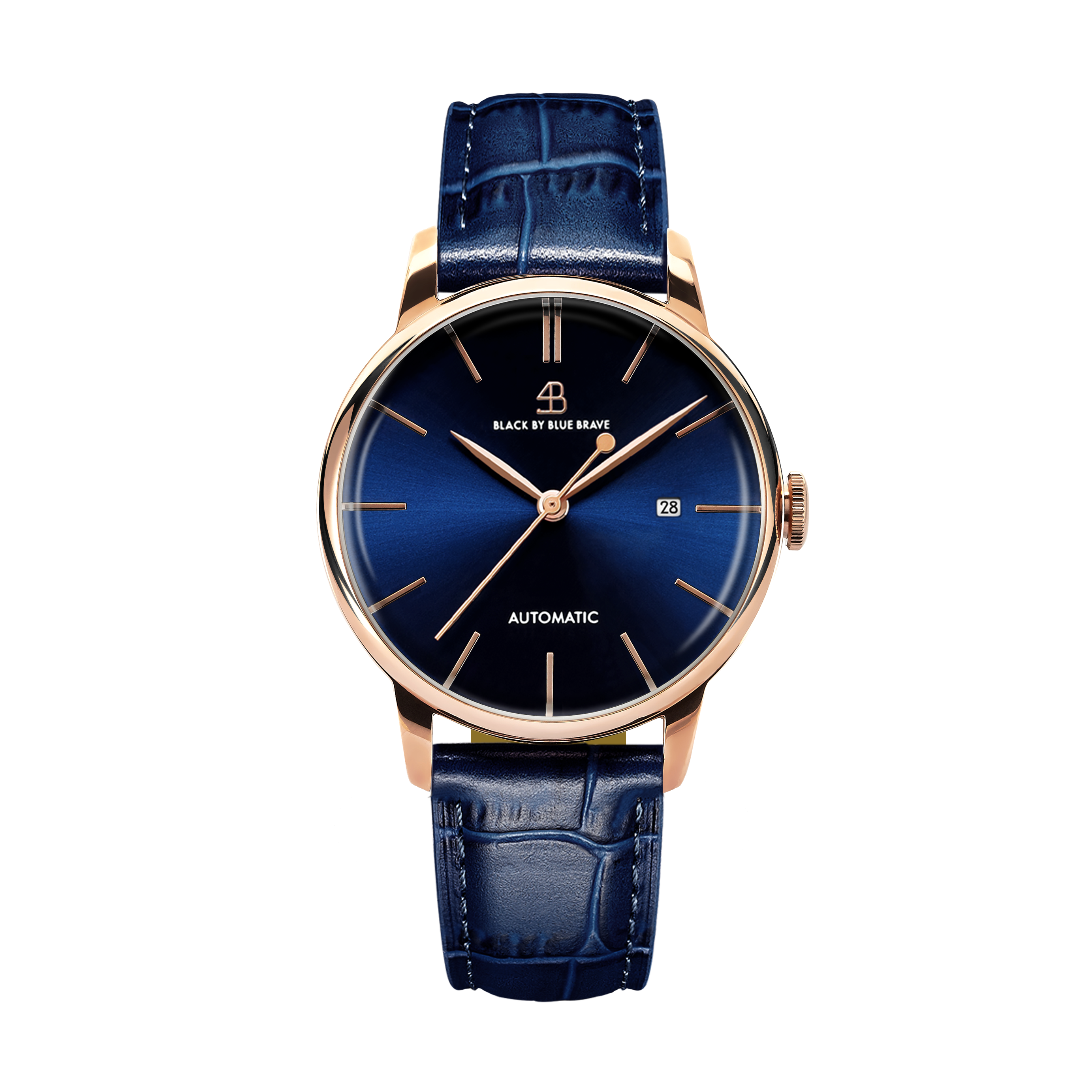 Classic 1986 42mm Blue Dial Rosegold Case Blue Leather Strap Watch - 4B2104A - front - Black By Blue Brave
