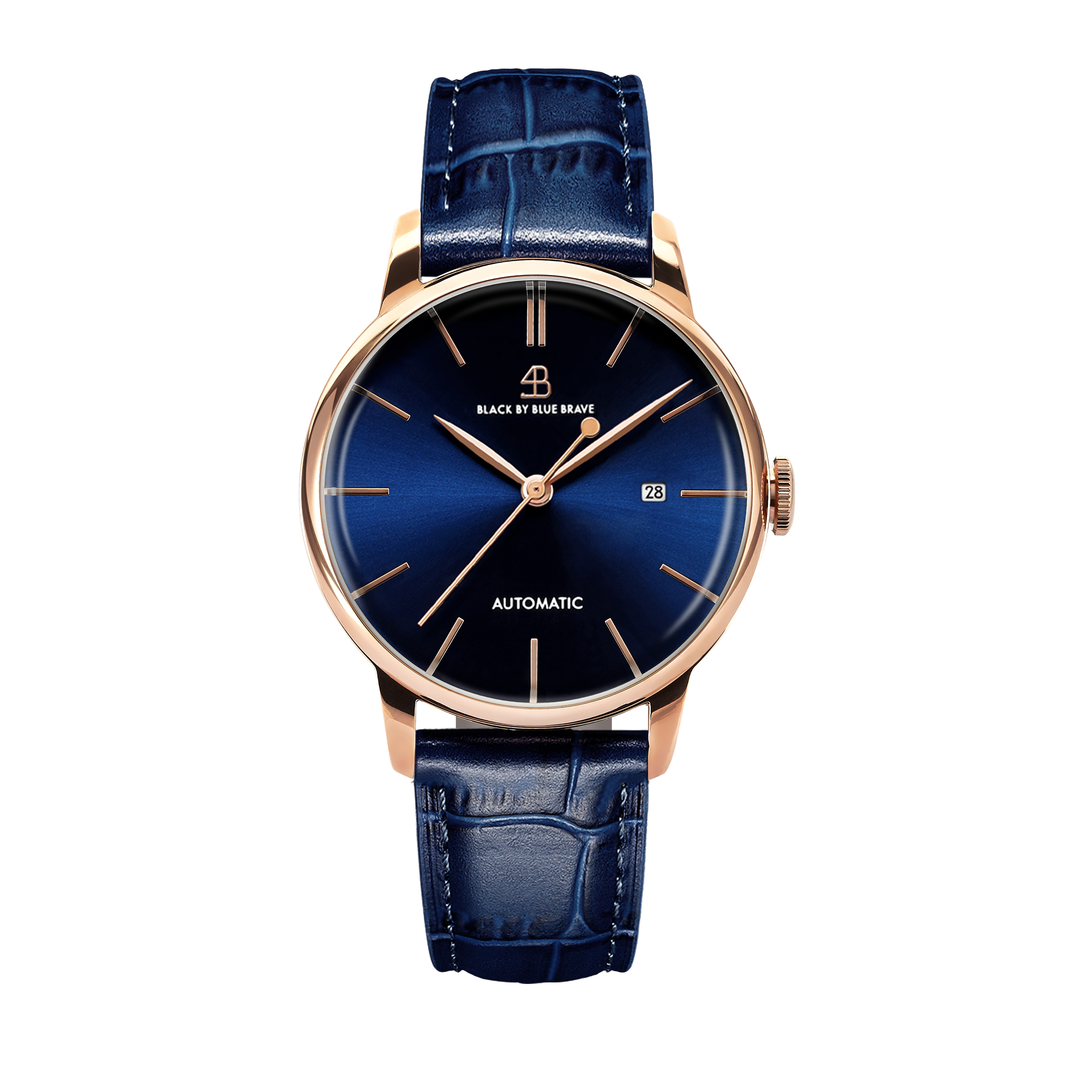 Classic 1986 42mm Blue Dial Rosegold Case Blue Leather Strap Watch - 4B2104A - front - Black By Blue Brave
