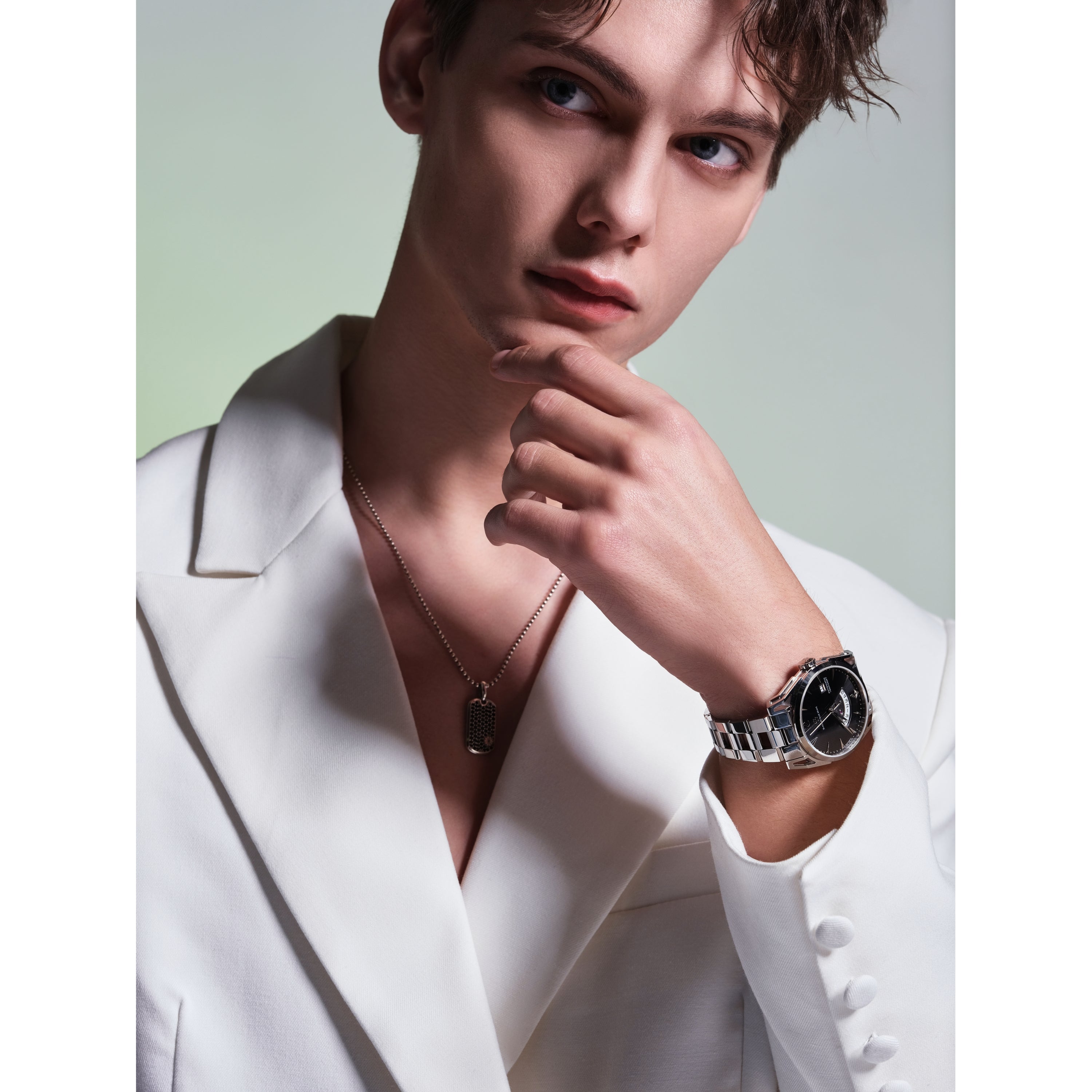 Classic 2024 40mm Black Dial Silver Bracelet Automatic Watch - 4B1222 - Model wearing - Black By Blue Brave