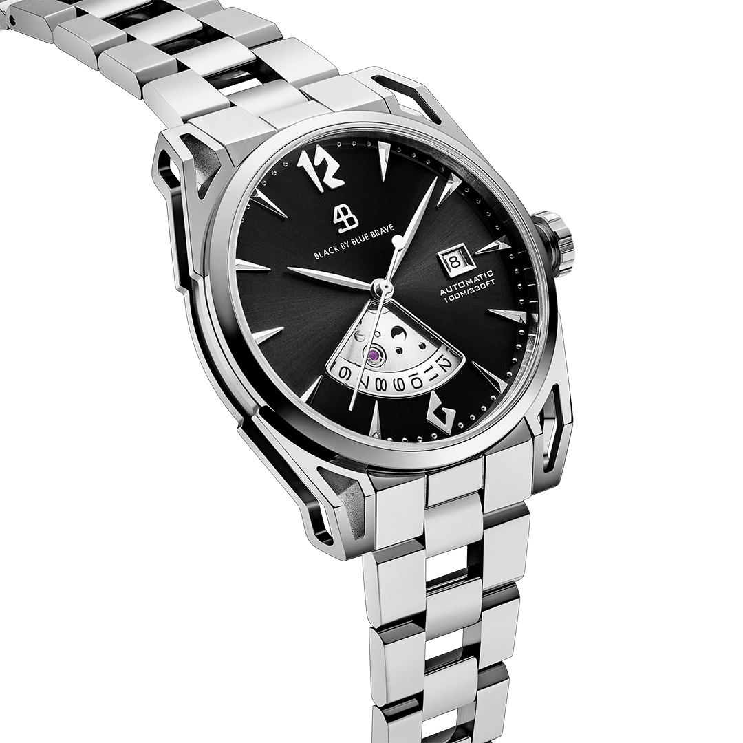 Classic 2024 40mm Black Dial Silver Bracelet Automatic Watch - 4B1222 - side view - Black By Blue Brave