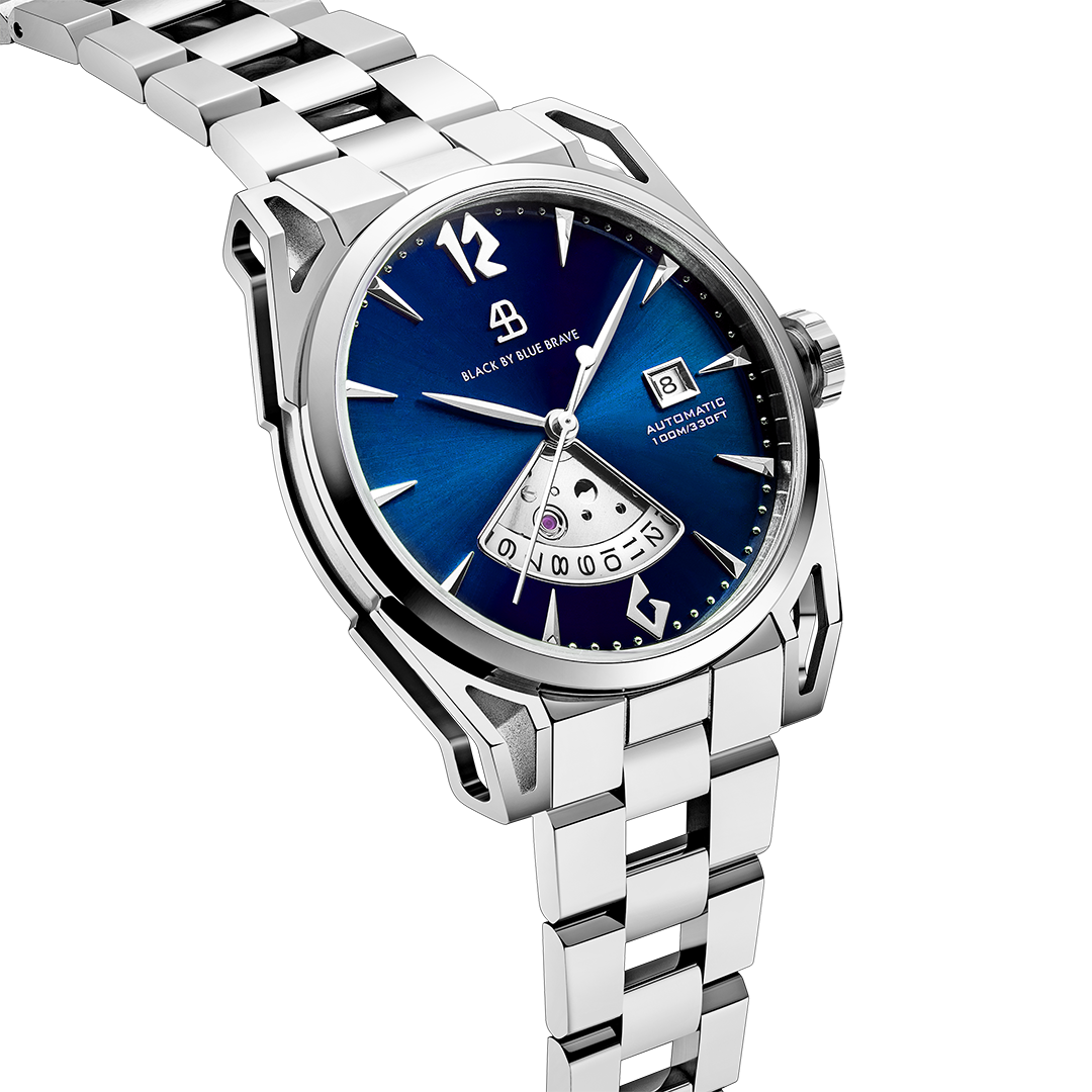 Classic 2024 40mm Blue Dial Silver Bracelet Automatic Watch - 4B1223 - side view - Black By Blue Brave