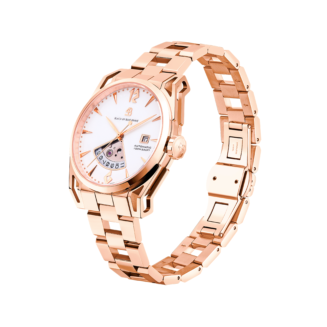 Classic 2024 40mm White Dial Rose Gold Bracelet Automatic Watch - 4B1225 - side view - Black By Blue Brave