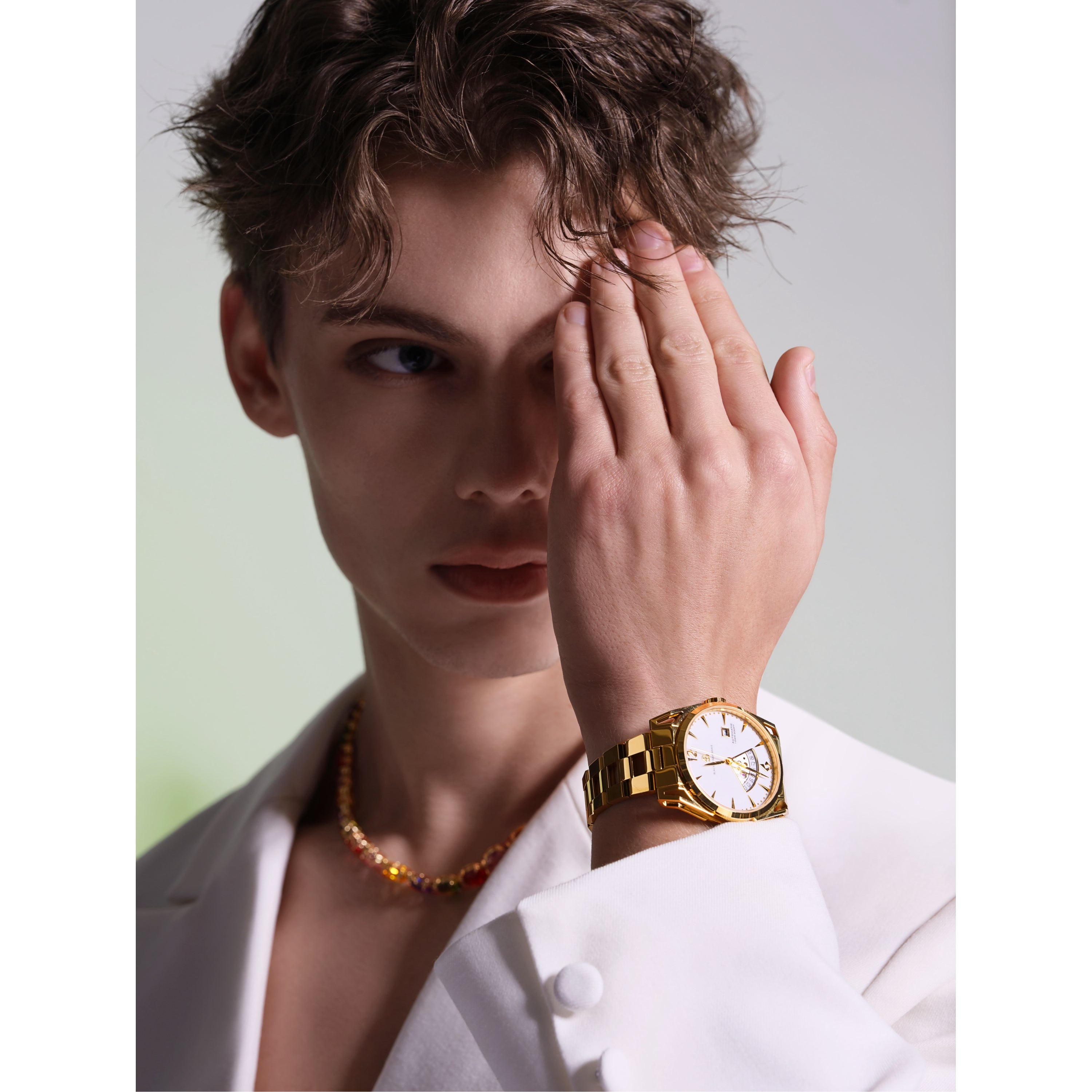 Classic 2024 40mm White Dial Gold Bracelet Automatic Watch - 4B1226 - Model wearing - Black By Blue Brave