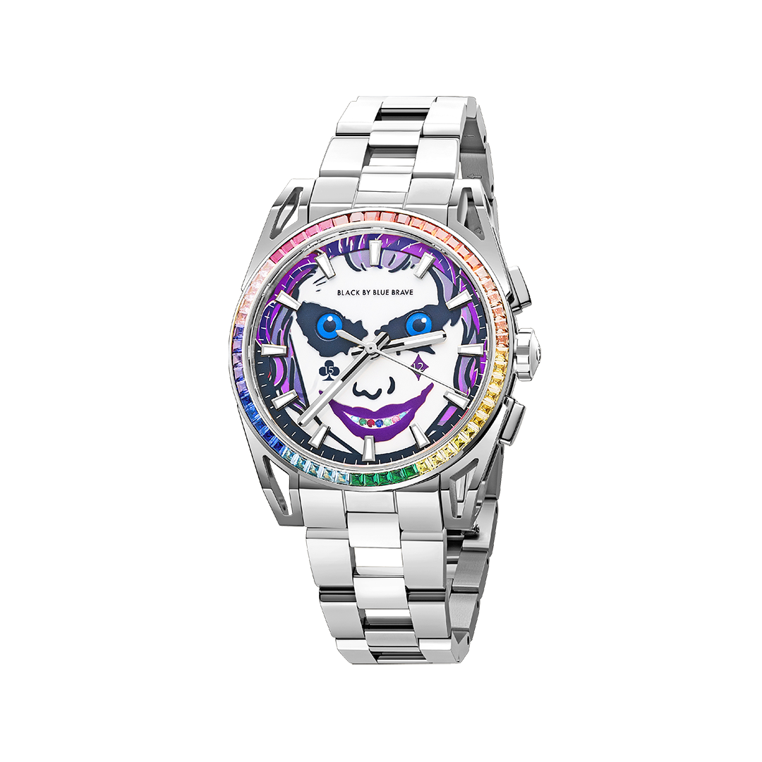 Clown Leo 40mm Chronograph Rainbow Zirconia Dial Silver Bracelet Watch - 4B1227 - front - Black By Blue Brave