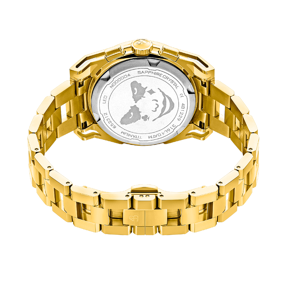 Clown Leo 40mm Chronograph Rainbow Zirconia Dial Gold Bracelet Watch - 4B1229 - Back side - Black By Blue Brave