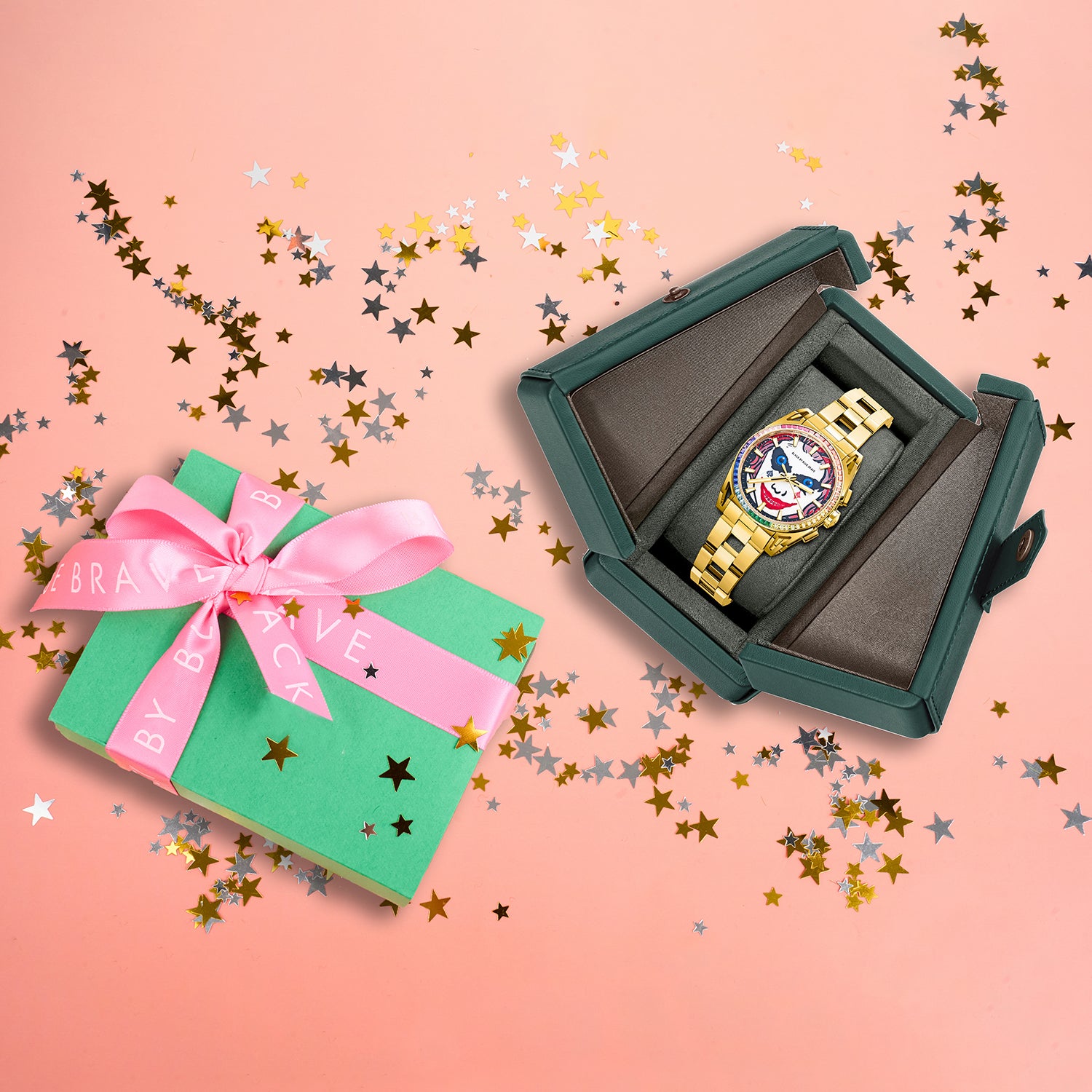 Clown Leo 40mm Chronograph Rainbow Zirconia Dial Gold Bracelet Watch - 4B1229 - Gift Box - Black By Blue Brave