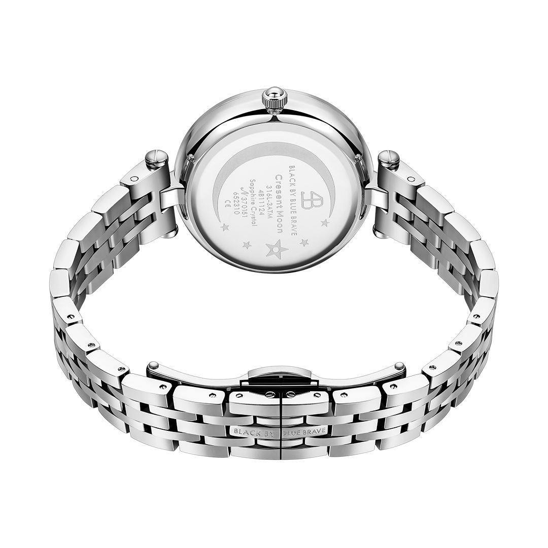 Crescent Moon 32mm Purple Dial Rainbow Cubic Zirconia Silver Bracelet Watch - 4B11124 - Back side - Black By Blue Brave