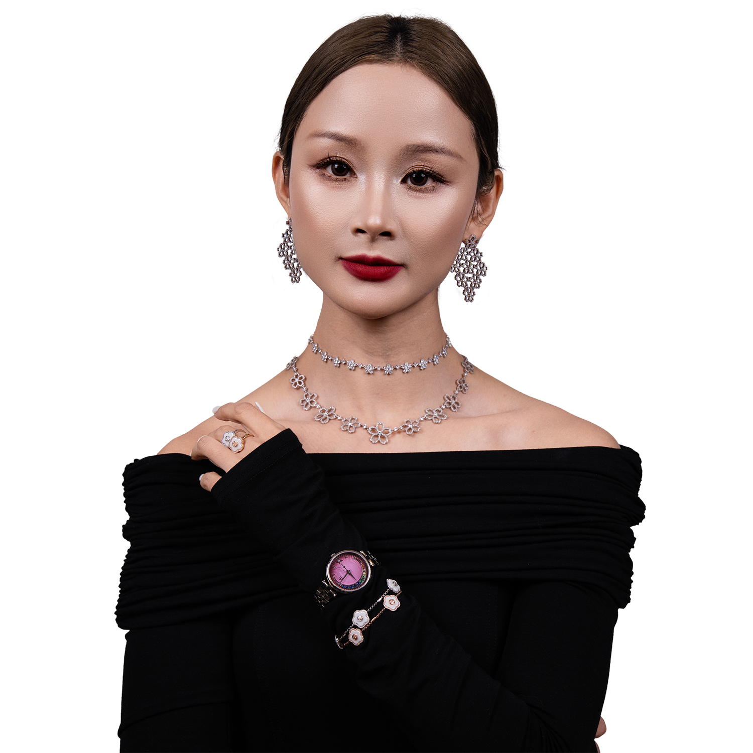Crescent Moon 32mm Purple Dial Rainbow Cubic Zirconia Silver Bracelet Watch - 4B11124 - Model wearing - Black By Blue Brave