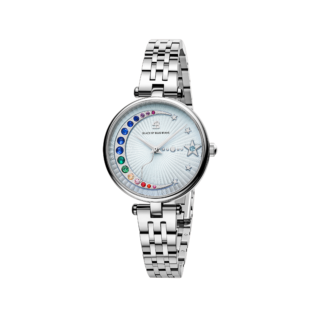 Crescent Moon 32mm Blue Dial Rainbow Cubic Zirconia Silver Bracelet Watch - 4B11125 - front - Black By Blue Brave
