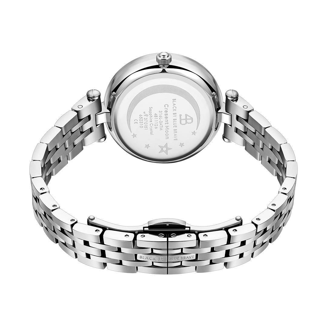 Crescent Moon 32mm Green Dial Rainbow Cubic Zirconia Silver Bracelet Watch - 4B11126 - Back side - Black By Blue Brave