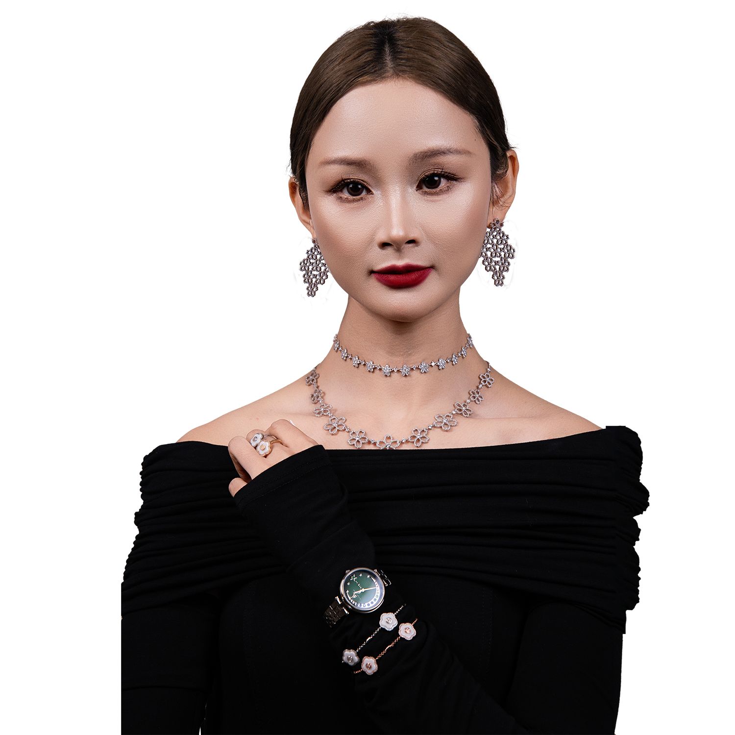 Crescent Moon 32mm Green Dial Rainbow Cubic Zirconia Silver Bracelet Watch - 4B11126 - Model wearing - Black By Blue Brave