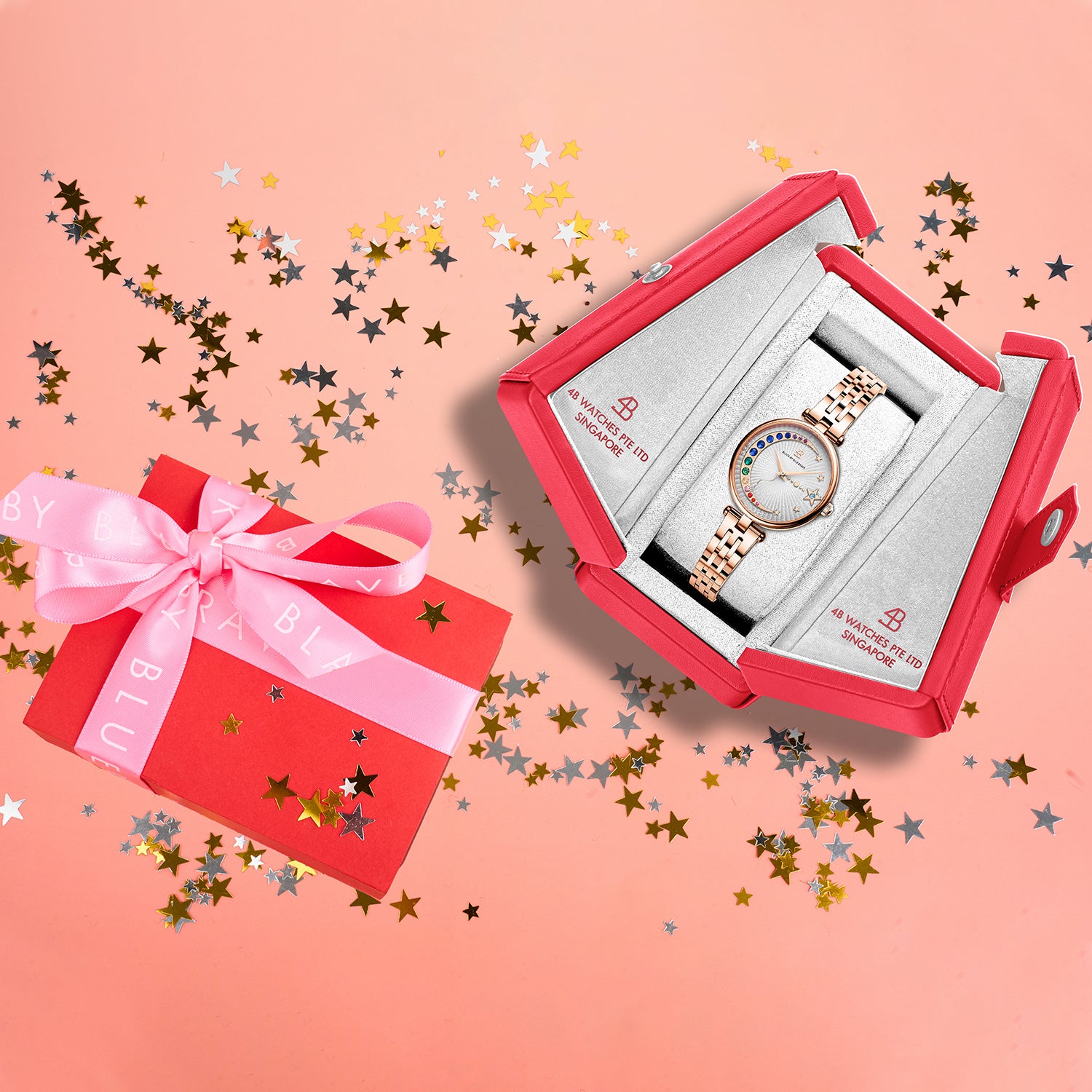 Crescent Moon 32mm White Dial Rainbow Cubic Zirconia Rose Gold Bracelet Watch - 4B11127 - Gift Box - Black By Blue Brave