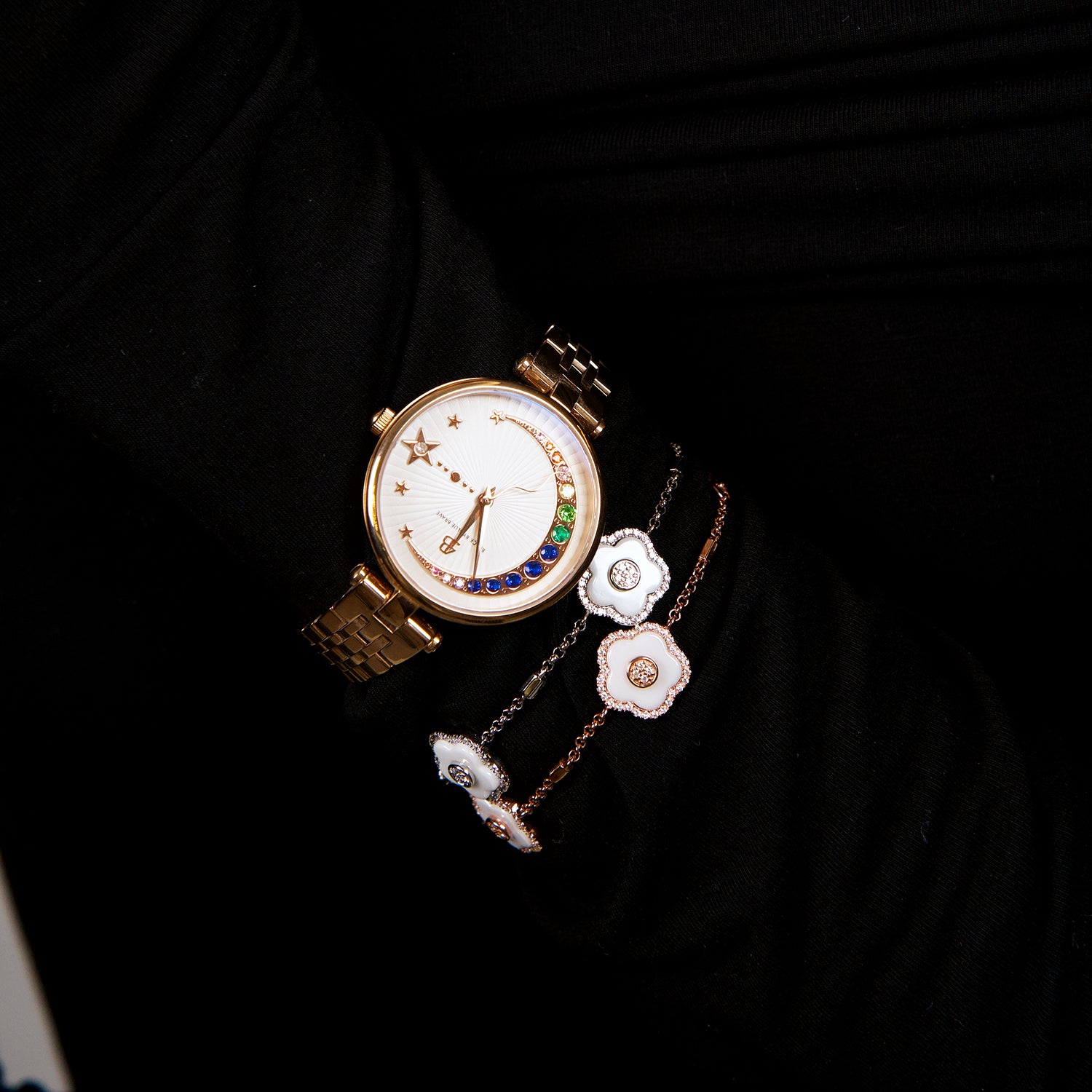 Crescent Moon 32mm White Dial Rainbow Cubic Zirconia Rose Gold Bracelet Watch - 4B11127 - wrist - Black By Blue Brave