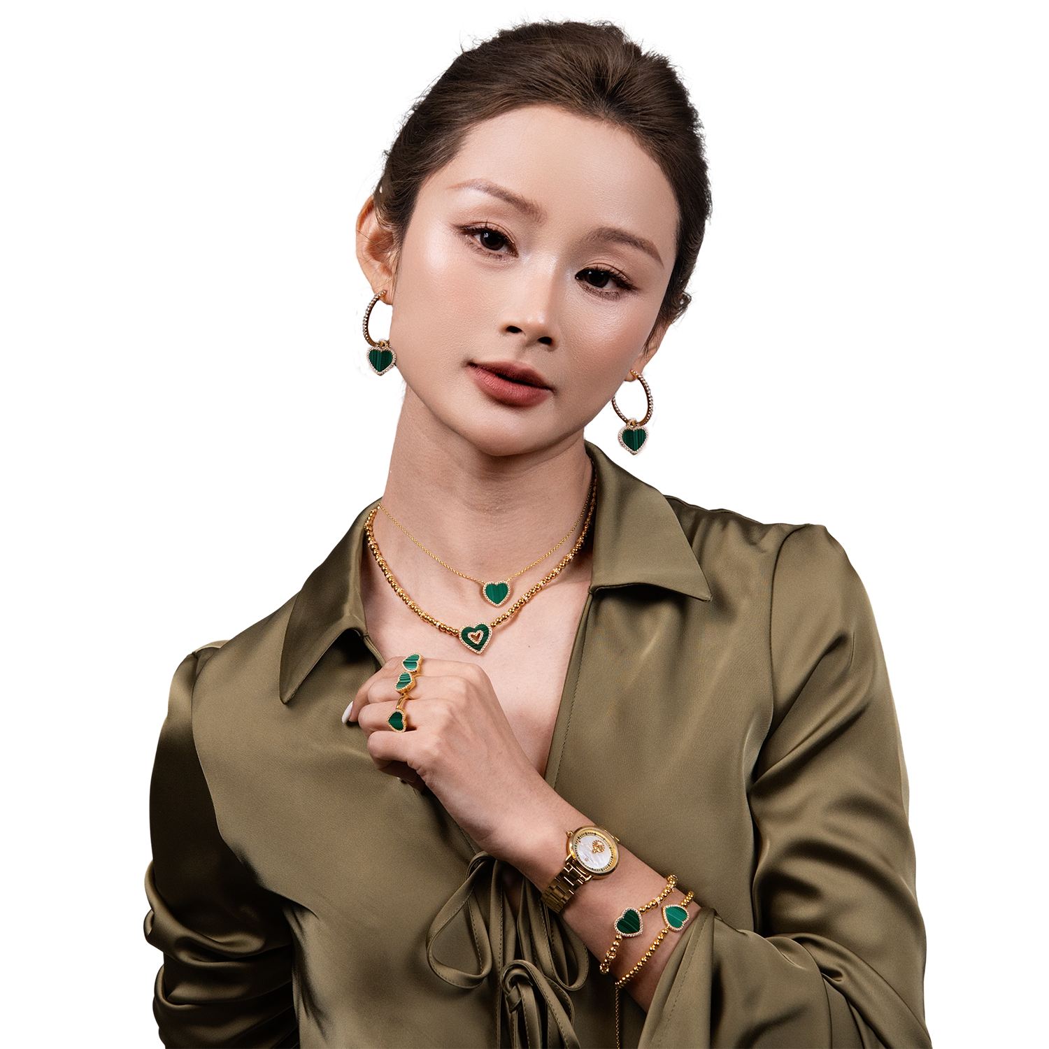 Cupid 28mm White Mother Of Pearl Dial Heart Shaped Hands Gold Bracelet Watch - 4B1190 - Model wearing - Black By Blue Brave
