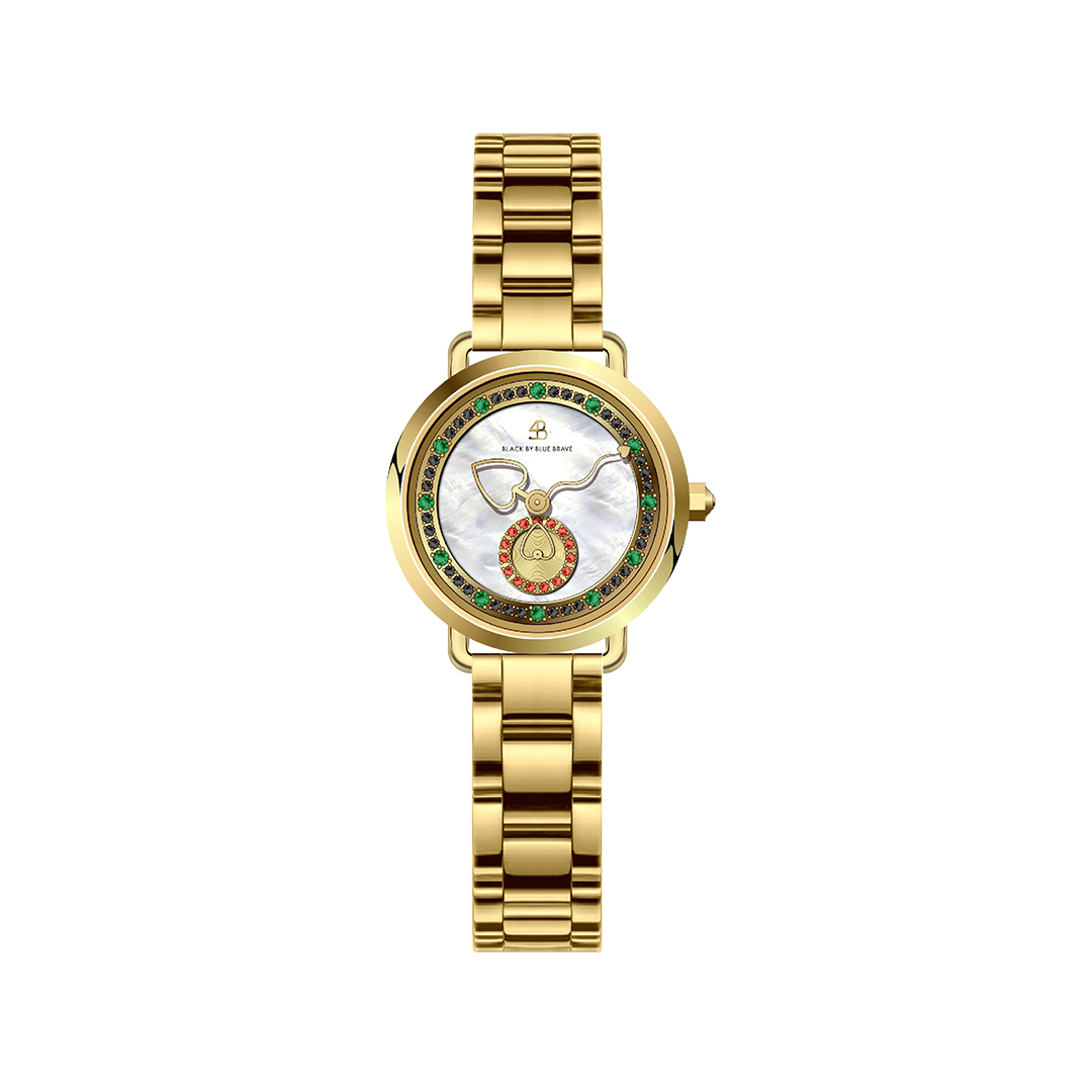 Cupid 28mm White Mother Of Pearl Dial Heart Shaped Hands Gold Bracelet Watch - 4B1190 - front - Black By Blue Brave