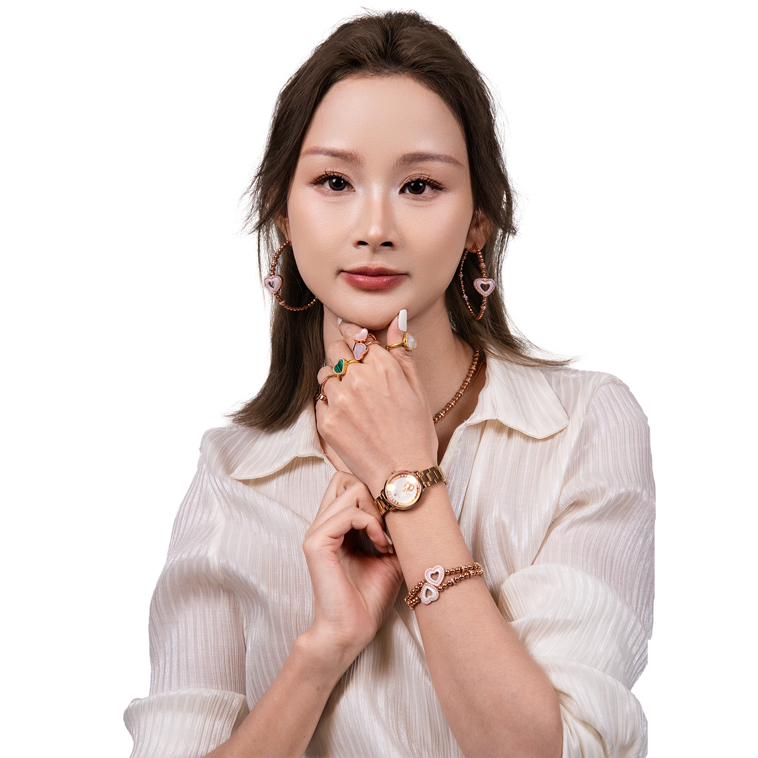 Cupid 28mm White Mother Of Pearl Dial Heart Shaped Hands Rose Gold Bracelet Watch - 4B1192 - Model wearing - Black By Blue Brave