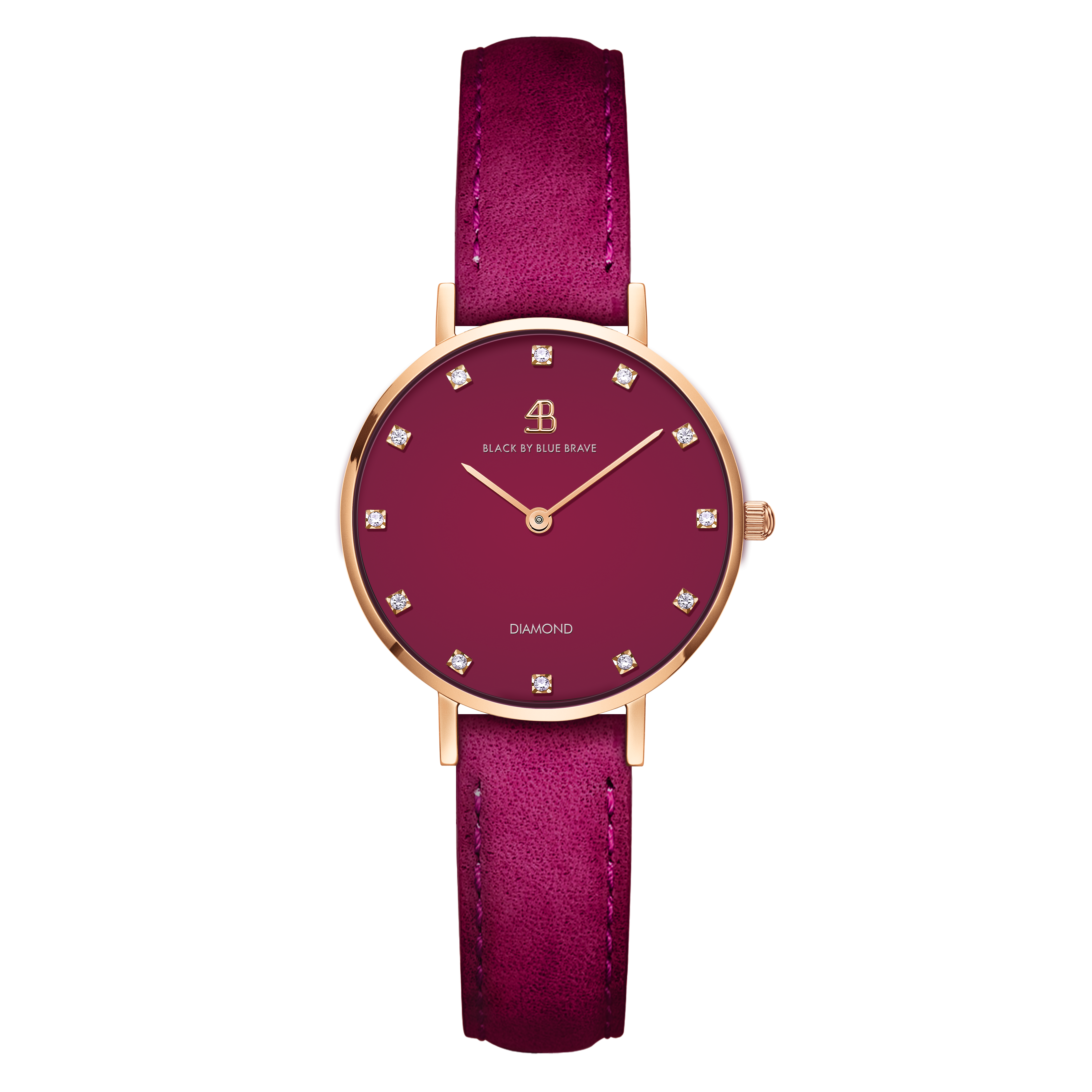 Diamond In The Hand 28mm Ruby Red Dial Genuine Diamond Markers Rosegold Case Leather Strap Watch - 4B0910Z - front - Black By Blue Brave
