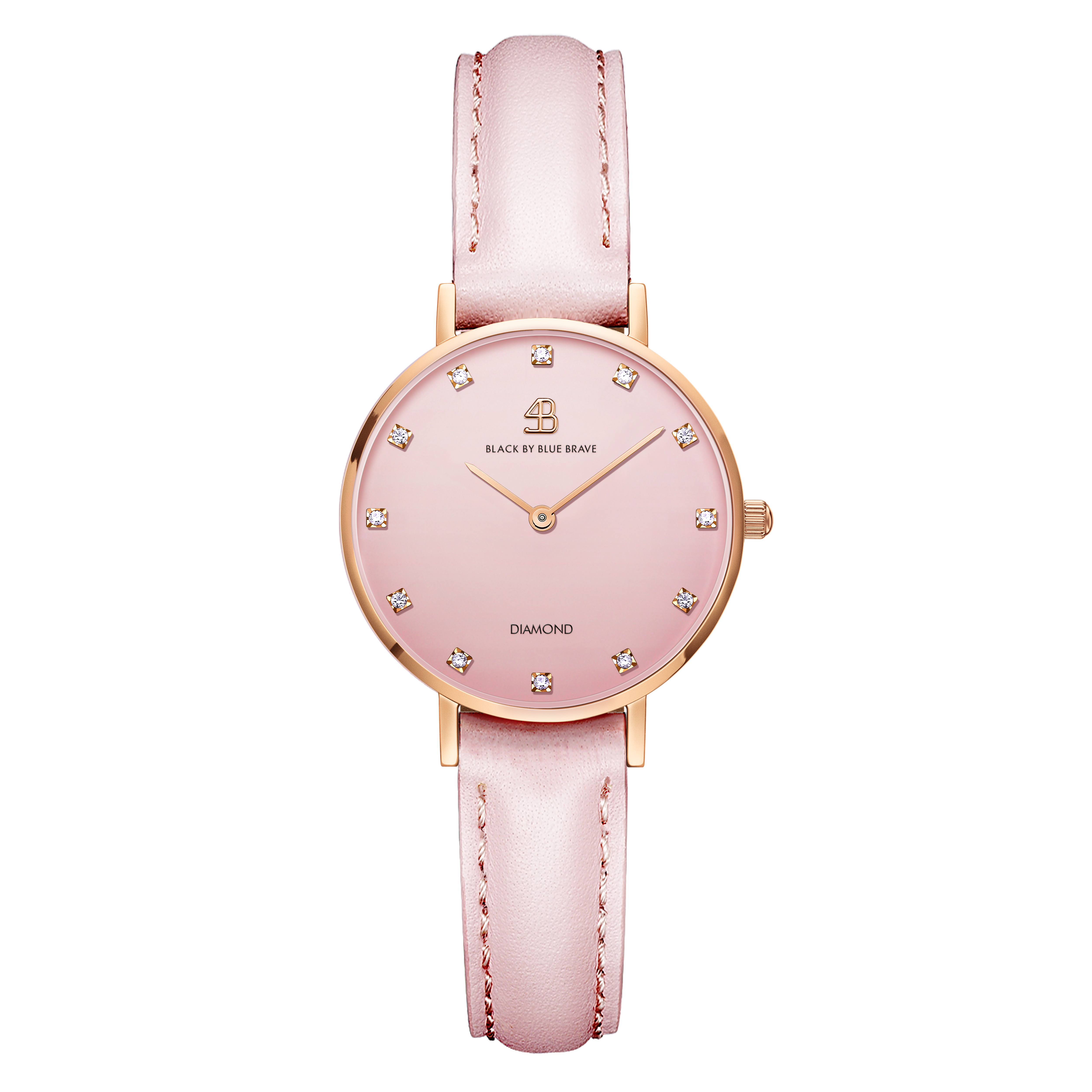 Diamond In The Hand 28mm Pink Dial Genuine Diamond Markers Rosegold Case Leather Strap Watch - 4B0912 - front - Black By Blue Brave
