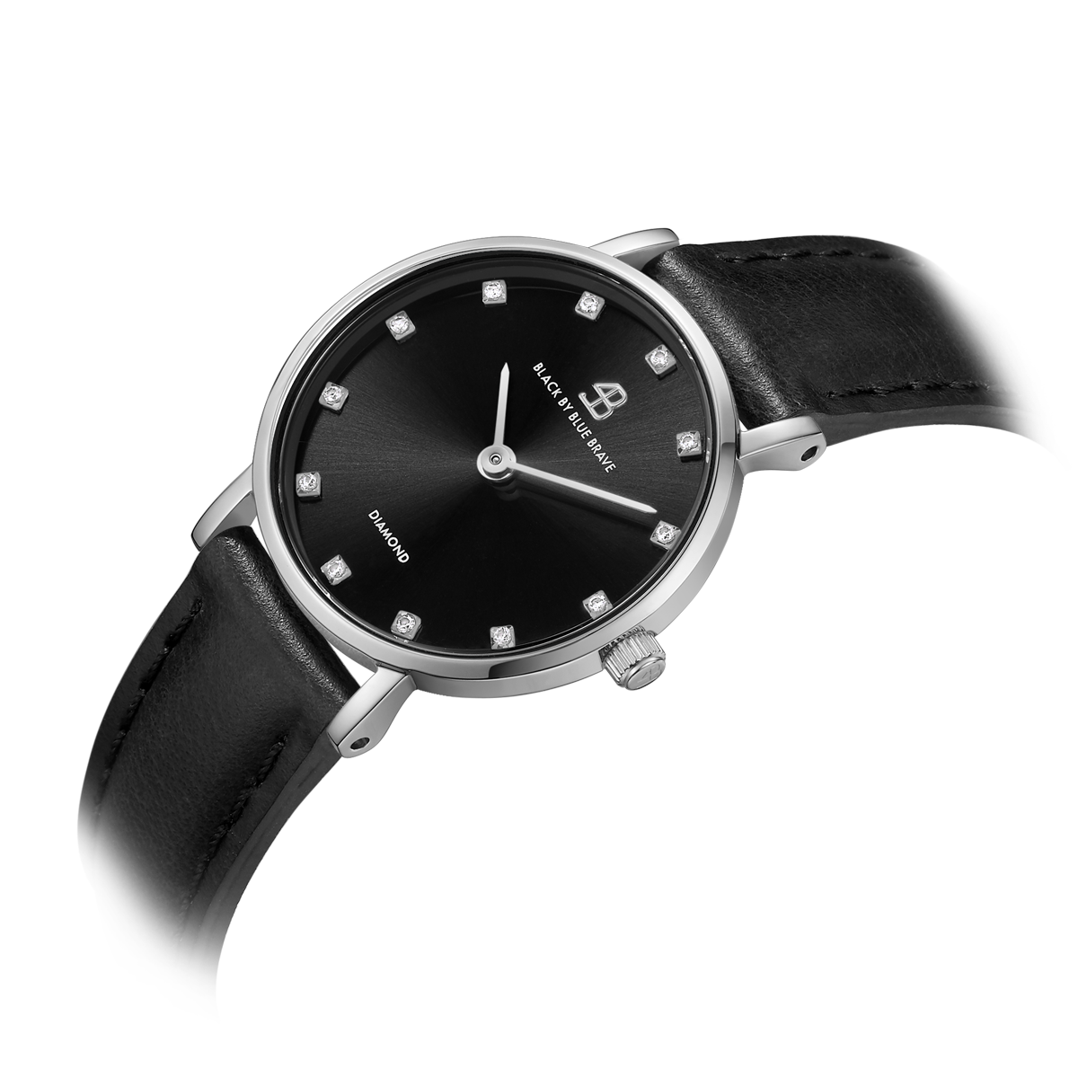 Diamond In The Hand 26mm Black Dial Genuine Diamond Markers Silver Case Black Leather Strap Watch - 4B1006 - Side view - Black By Blue Brave
