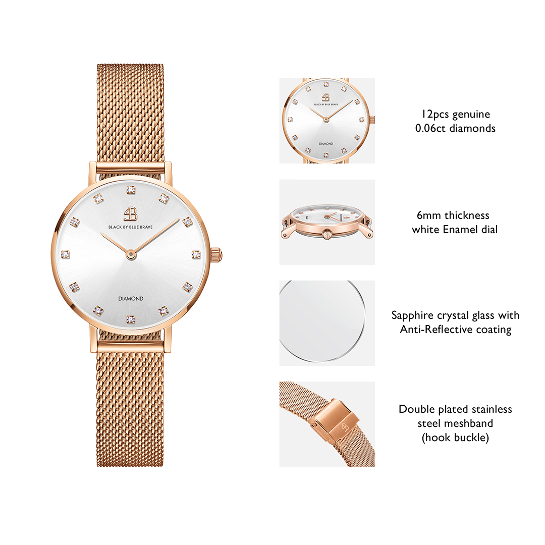 Diamond in the Hand 28mm White Enamel Dial Genuine Diamond Markers Rosegold Meshband Watch - 4B0920Z - Selling point map - Black By Blue Brave